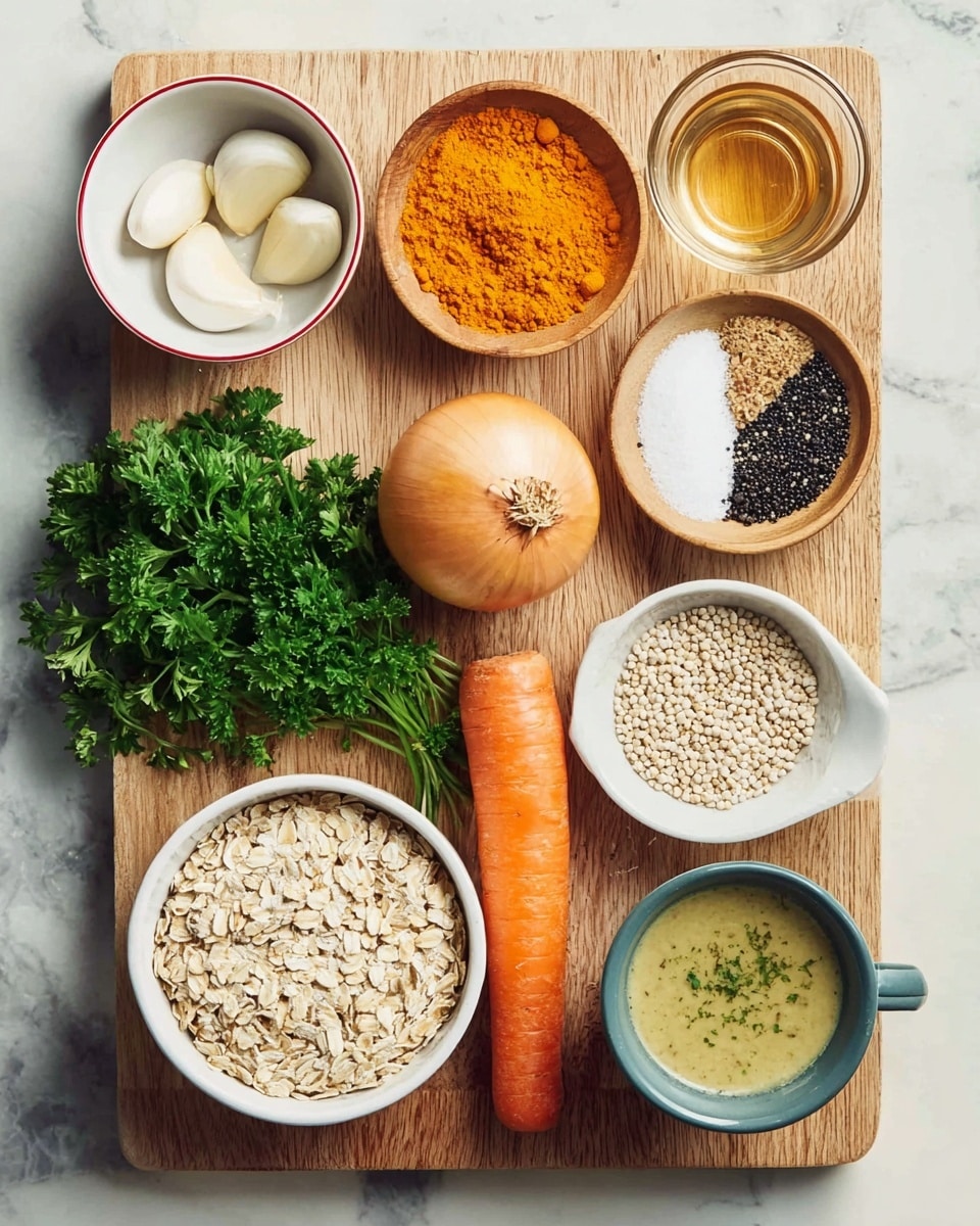 A wooden cutting board on a white marbled surface holds a variety of ingredients neatly arranged. At the top left, three peeled garlic cloves sit in a white bowl with a red rim. To the right is a small white bowl filled with bright orange turmeric powder, next to a white bowl with white salt and another with a mix of black and white peppercorns. A small glass of light brown liquid is placed at the top right corner. In the middle row, a wooden bowl holds a single yellow onion. To its right is a large, whole orange carrot resting directly on the board. Below the onion, a white bowl is packed with fresh green parsley leaves. On the bottom left, a wooden bowl contains dry oats, and next to it, a white bowl with a blue-gray inside is filled with small beige grains. At the bottom right corner, a clear glass cup holds a light yellow sauce with green herbs sprinkled on top. Photo taken with an iphone --ar 4:5 --v 7