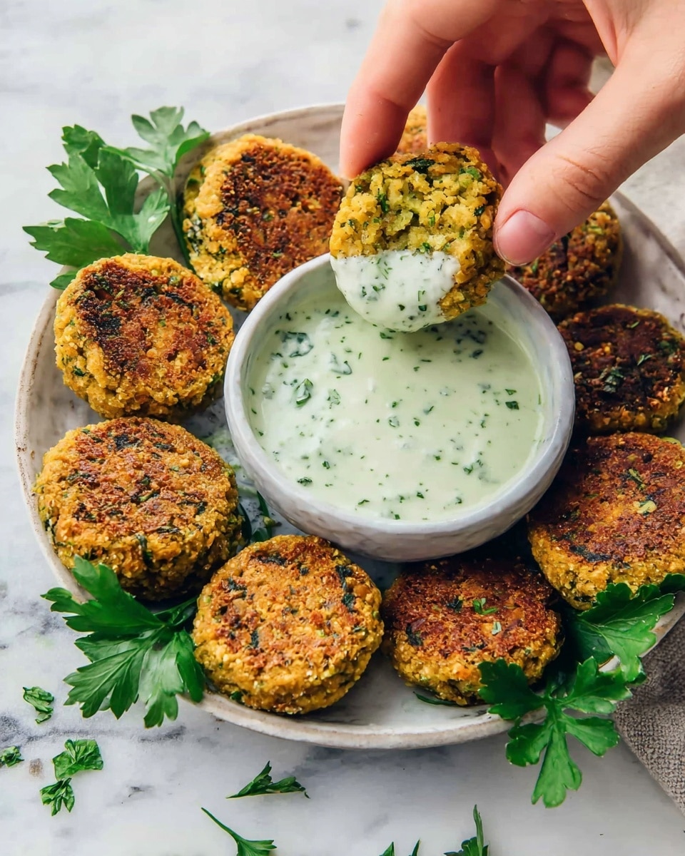 A white plate holds seven golden-brown falafel patties with bits of green herbs visible in them, arranged around a small white bowl filled with a creamy green dipping sauce with fine herb specks; a woman's hand dips one falafel into the sauce, which clings smooth and thick to the falafel’s surface, while fresh parsley leaves rest on the plate for garnish, all placed on a white marbled texture. photo taken with an iphone --ar 4:5 --v 7