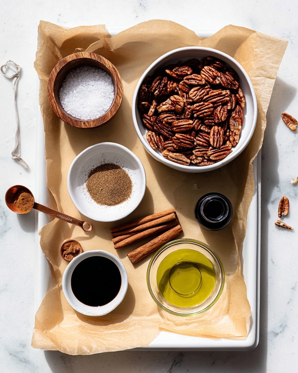 The image shows a white tray lined with light brown parchment paper on a white marbled surface. On the tray there are several small bowls and containers arranged neatly: a large white bowl filled with whole pecans on the top right, a small wooden bowl with coarse salt to the left of the pecans, a small white bowl with cinnamon powder below the salt, a small white container with dark liquid on the bottom right, and a clear white bowl with greenish-yellow oil above the cinnamon. Also visible are two cinnamon sticks placed diagonally near the bottom left, and a small wooden spoon resting on the edge of the pecans bowl. A small dark glass bottle and a measuring scoop with a wooden handle are situated near the middle right. The whole setup is bright with natural light, emphasizing the textures and colors. photo taken with an iphone --ar 4:5 --v 7