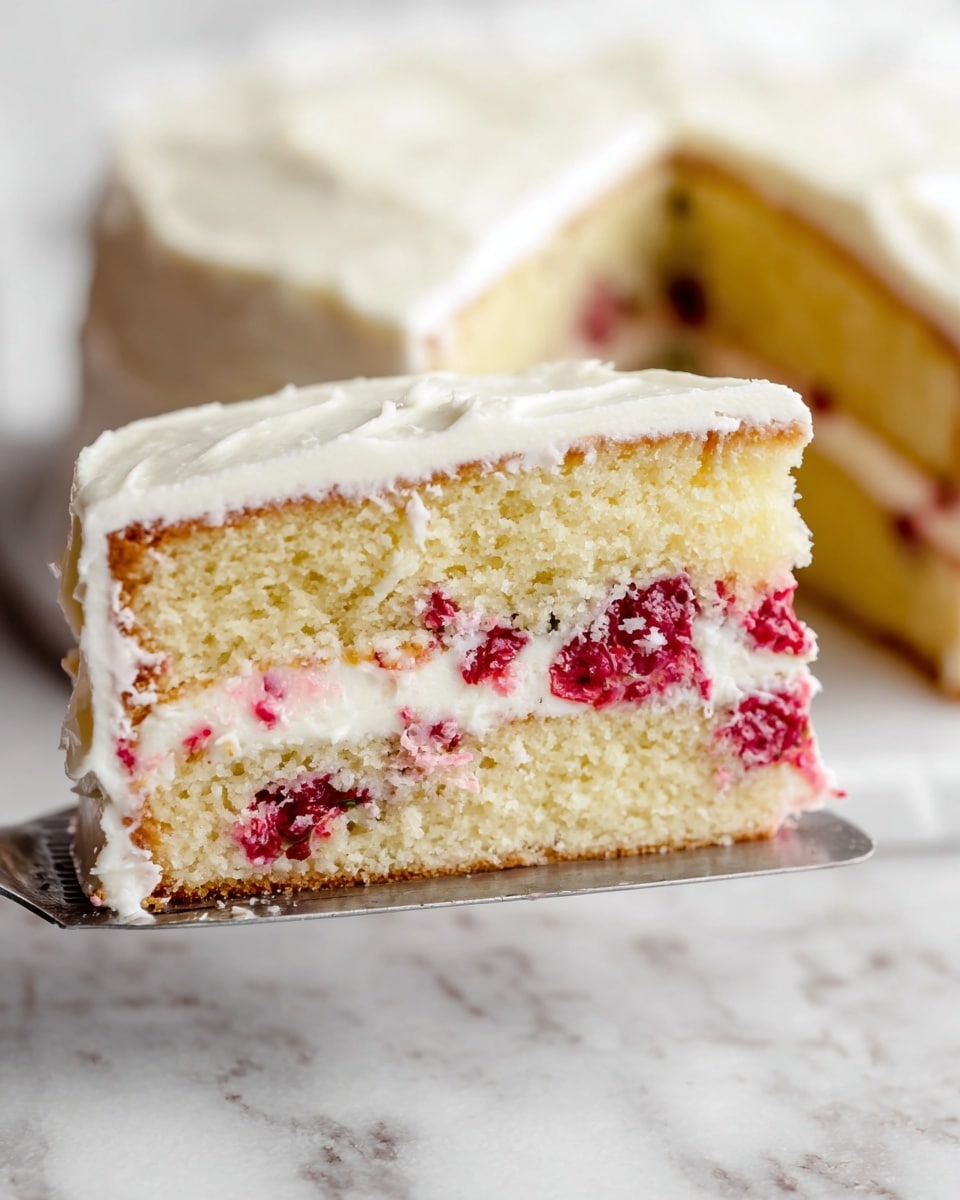 A two-layer vanilla cake slice with visible pieces of red berries inside both layers, showing a soft and moist texture. Between the cake layers, there is a thick, smooth white cream filling. The entire slice is covered with a thick, even layer of white frosting on top and around the sides, giving a creamy and smooth look. The cake is on a white marbled surface with a metal cake server underneath it, lifting the slice from the rest of the cake that is slightly out of focus in the background. Photo taken with an iphone --ar 4:5 --v 7
