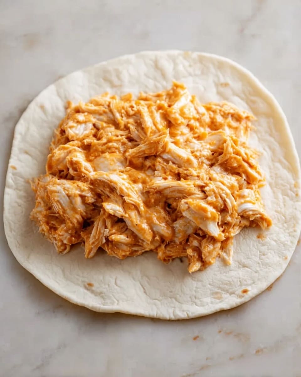 The image shows one round flatbread as the base layer, white in color with a soft, slightly uneven texture. On top of the flatbread, near the center, there is a thick layer of shredded chicken mixed with a smooth, creamy orange sauce that covers the chicken pieces evenly. The chicken layer has a moist, fibrous texture and a rich, slightly shiny finish. The flatbread is placed on a white marbled surface. photo taken with an iphone --ar 4:5 --v 7