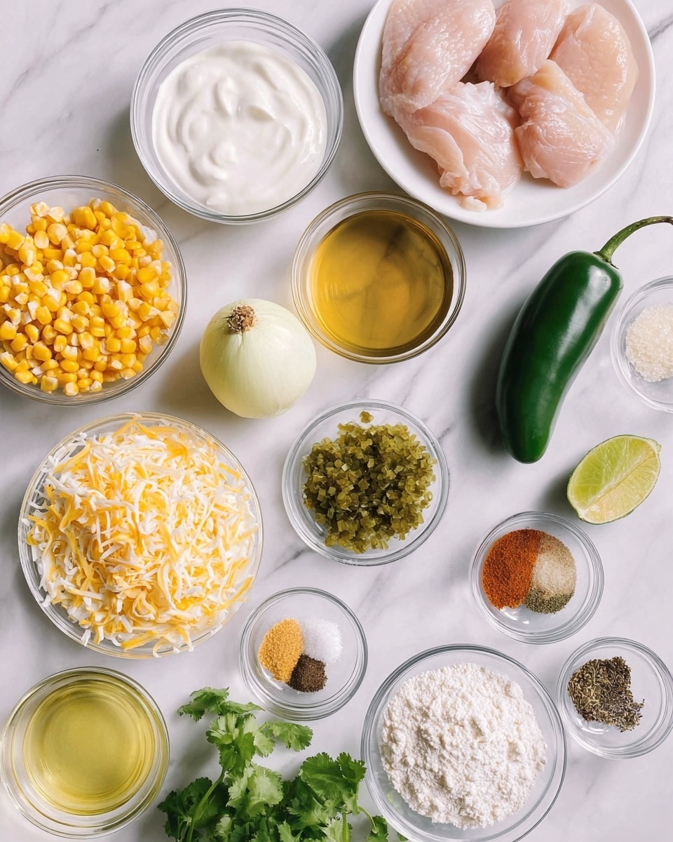 The image shows an arrangement of cooking ingredients on a white marbled surface, with each item in clear or white bowls. There are three pieces of raw chicken in a clear bowl placed near the top center. To the left is a bowl of sour cream, below that is a white bowl with corn kernels, and beneath that a white plate with a mix of yellow and white shredded cheese. In the center is a small clear bowl of chopped green chile. To the right of the chile is a fresh green jalapeño pepper and a whole yellow onion. Around the bowls are several small clear dishes with minced garlic, spices including chili powder, cumin, black pepper with salt, and oregano. There is also a small clear bowl with a liquid that looks like oil, a lime, fresh green cilantro sprigs, and a bowl with white flour near the bottom center. The scene is bright and organized with a clear view of each ingredient photo taken with an iphone --ar 4:5 --v 7