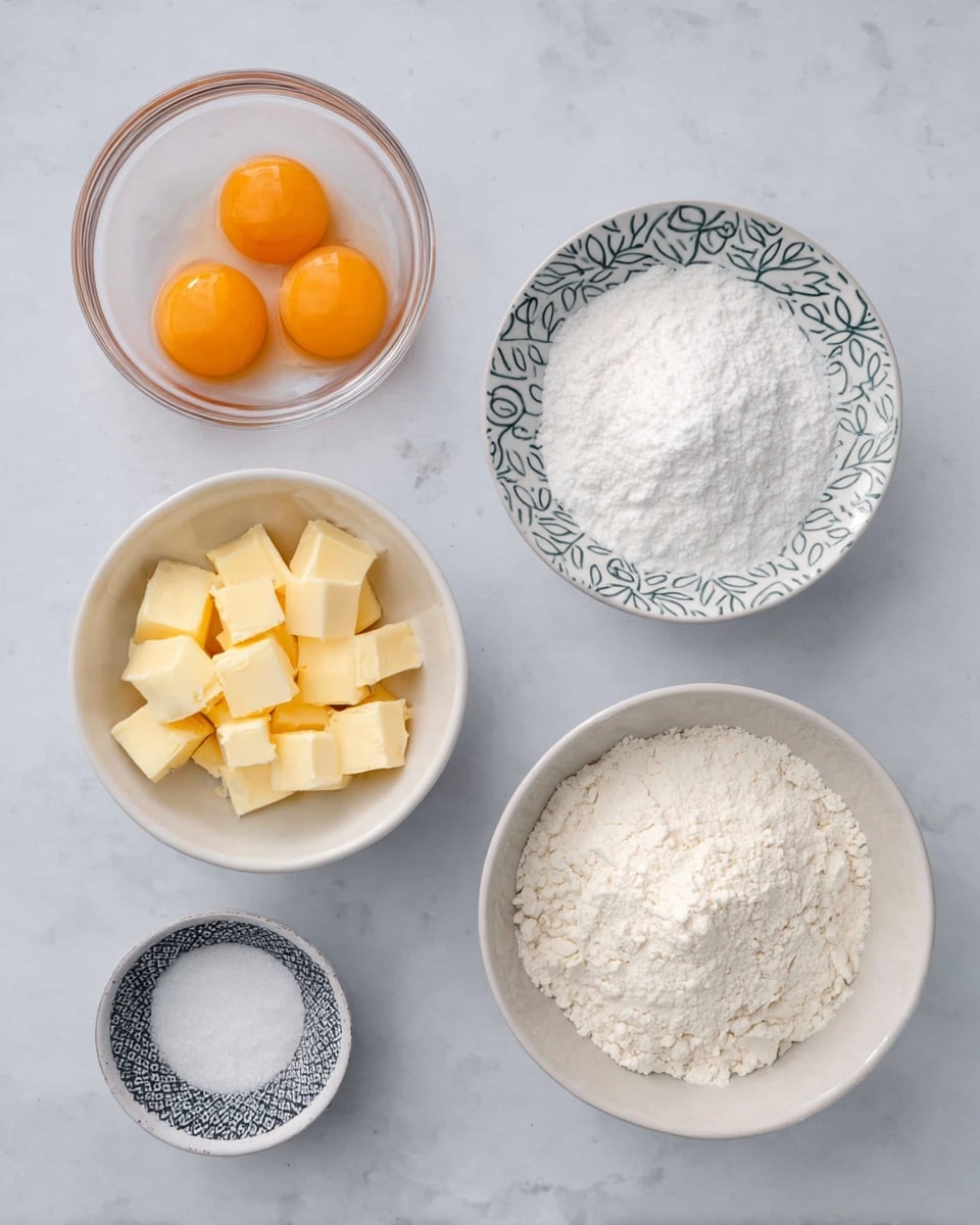The image shows five small bowls on a white marbled background. In the top left glass bowl, there are three bright orange egg yolks sitting visibly. To the right of it, in a white bowl with a leaf pattern around the rim, is a fine white powder, likely sugar. Below these, in the center, is a white bowl filled with small cubes of pale yellow butter. To the right of the butter, there is another white bowl containing white flour with a small indentation in the middle. On the far left, a small patterned bowl holds a small amount of fine white salt. The bowls are arranged neatly with some space between them photo taken with an iphone --ar 4:5 --v 7