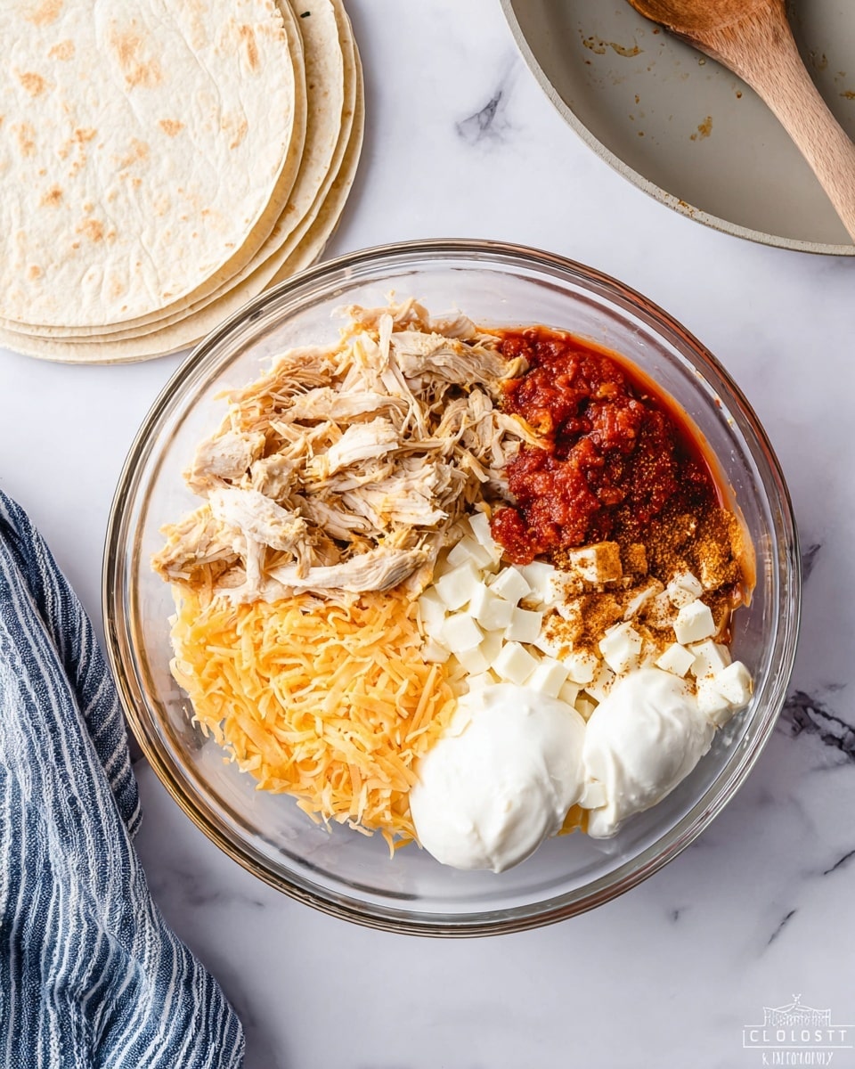 A large clear glass bowl sits on a white marbled surface, filled with several separate layers of ingredients: shredded light beige chicken, a bright red chunky sauce, dollops of smooth white cream, soft white cream cheese chunks, shredded orange cheese, and brown spices sprinkled on top. To the left of the bowl are three white tortillas stacked slightly overlapping. In the upper right corner, a light gray frying pan with a wooden handle rests on the white marbled surface. A blue and white striped cloth is partly visible in the lower left corner. Photo taken with an iphone --ar 4:5 --v 7