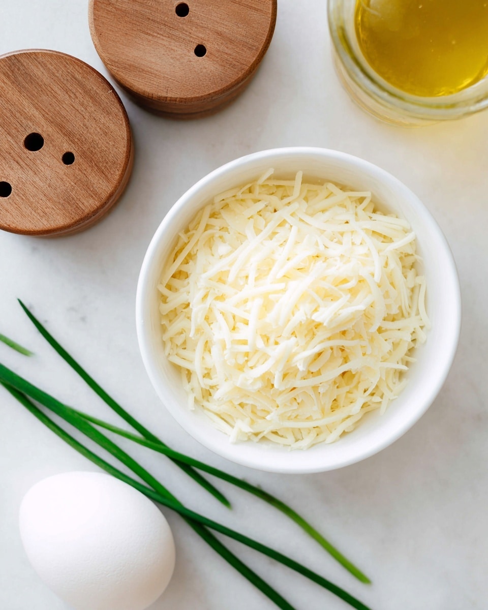 The image shows a white bowl filled with shredded light yellow cheese placed on a white marbled surface. To the upper right of the bowl, there is a white round ball-shaped object, and next to it, two long, thin green chive stalks lie diagonally on the surface. On the upper left side of the image, two round wooden containers with holes on their tops rest on the surface. At the very top right corner, there is a blurry yellow glass container with a white lid. The scene is bright and clean, with soft natural lighting. photo taken with an iphone --ar 4:5 --v 7