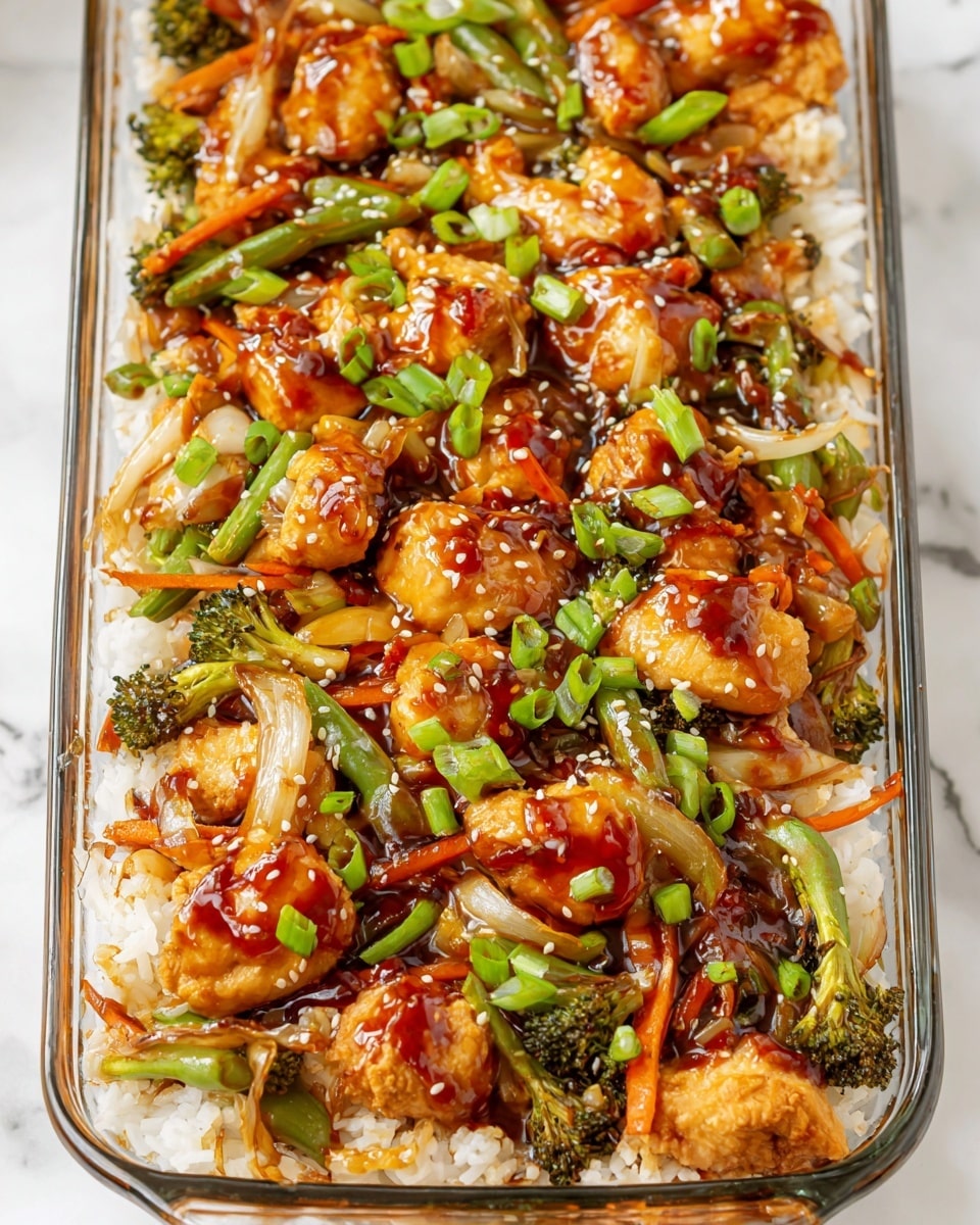 The dish shows a glass baking dish filled with three main layers: the bottom layer is white rice, the middle layer has a mix of sautéed vegetables including green broccoli florets, green snap peas, thin orange carrot strips, and translucent cooked onion slices, and the top layer has golden-brown pieces of cooked chicken coated with a shiny, dark reddish-brown sauce. The dish is sprinkled with white sesame seeds and chopped bright green scallion pieces on top. It is placed on a white marbled surface. photo taken with an iphone --ar 4:5 --v 7