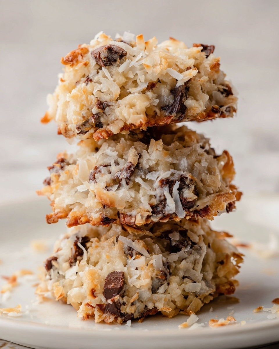 A stack of three round cookies is shown close up on a white plate with a white marbled texture background. Each cookie has a rough texture with visible shredded white coconut covering the outer surface and dark chocolate chunks scattered throughout. The cookies have a slightly crispy, toasted look with a mix of pale beige and golden brown spots, giving a crunchy appearance. The stack rises unevenly, showing the thickness and dense texture of each cookie. photo taken with an iphone --ar 4:5 --v 7