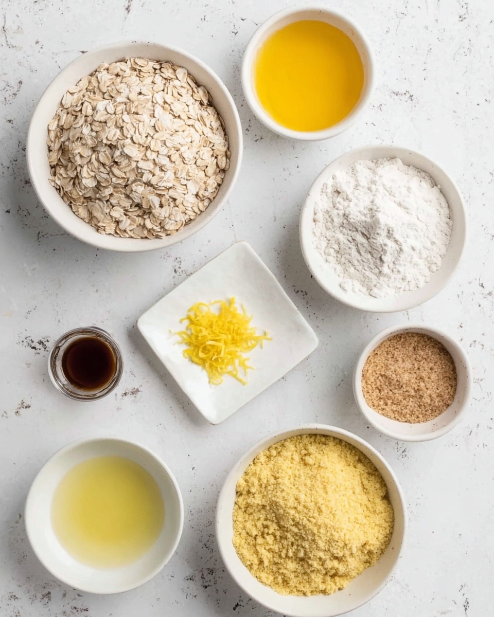 The image shows seven white bowls arranged on a white marbled surface. Starting from the top left, a bowl filled with dry rolled oats with a rough texture and light tan color. To its right, a bowl with a smooth yellow egg yolk mixture. Below the oats, to the left, a smaller bowl contains a clear, pale yellow liquid likely oil. Next to it on the right, a bowl filled with fine white flour that looks soft and powdery. Below these, a small square white plate holds bright yellow lemon zest with a slightly rough texture. To the right, a bowl has golden yellow fine cornmeal with a grainy texture. On the far right, another bowl contains light brown soft brown sugar with a sandy texture. The bottom left corner shows a bottle with dark brown vanilla extract lying down. The whole scene is clean, simple, and well-lit. photo taken with an iphone --ar 4:5 --v 7