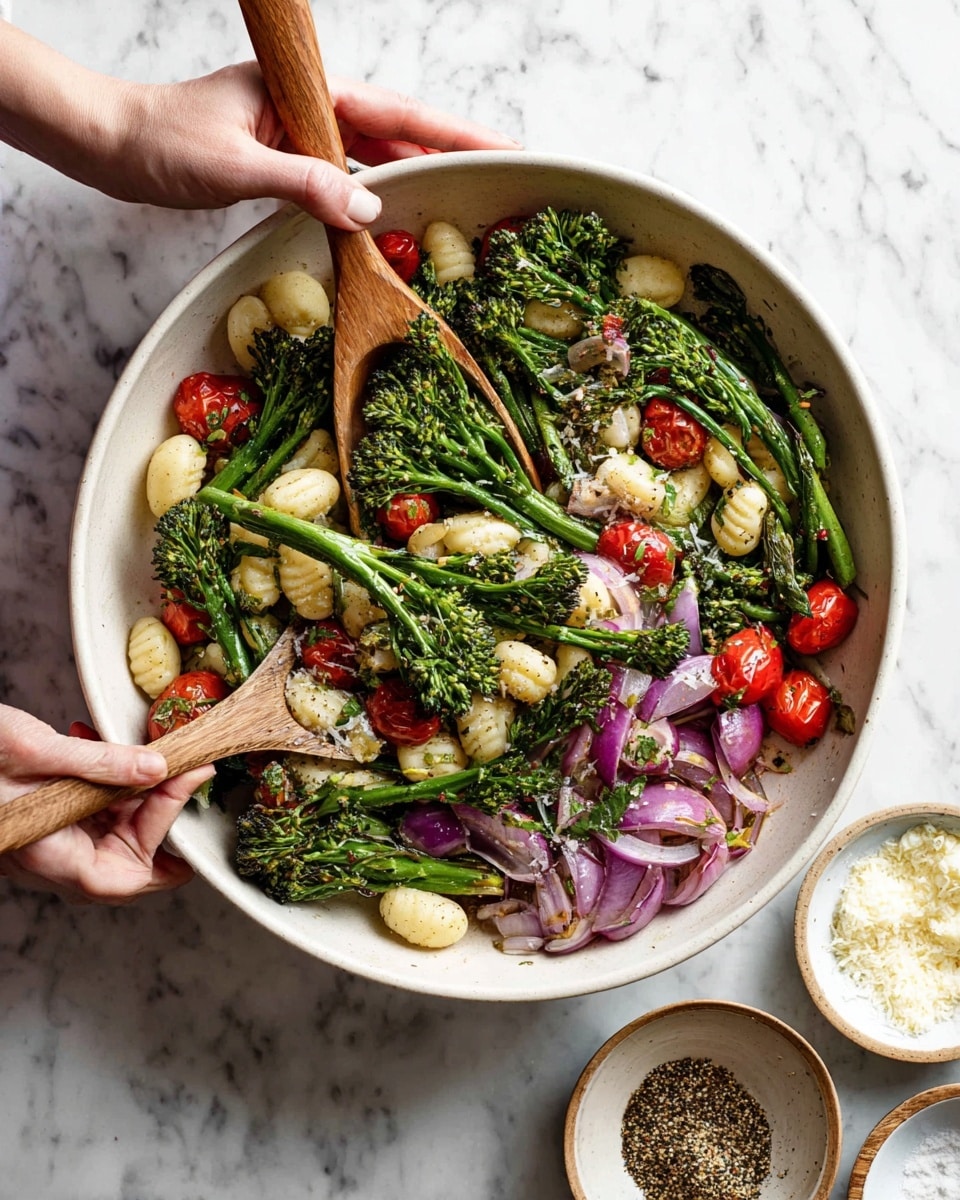 A large white bowl sits on a white marbled surface, filled with a colorful mix of fresh ingredients. The bottom layer has small, white gnocchi with ridges, scattered throughout the bowl. On top and mixed are bright green broccolini with thick stems and tight clusters of buds. Bright red cherry tomatoes add vibrant color, nestled among the gnocchi and broccolini. Thin slices of purple onion with a crisp texture lie on one side of the bowl. Two wooden spoons are held by a woman's hand, gently tossing the ingredients together. Nearby, small white bowls with crumbled white cheese and mixed black pepper are visible on the white marbled surface below. photo taken with an iphone --ar 4:5 --v 7