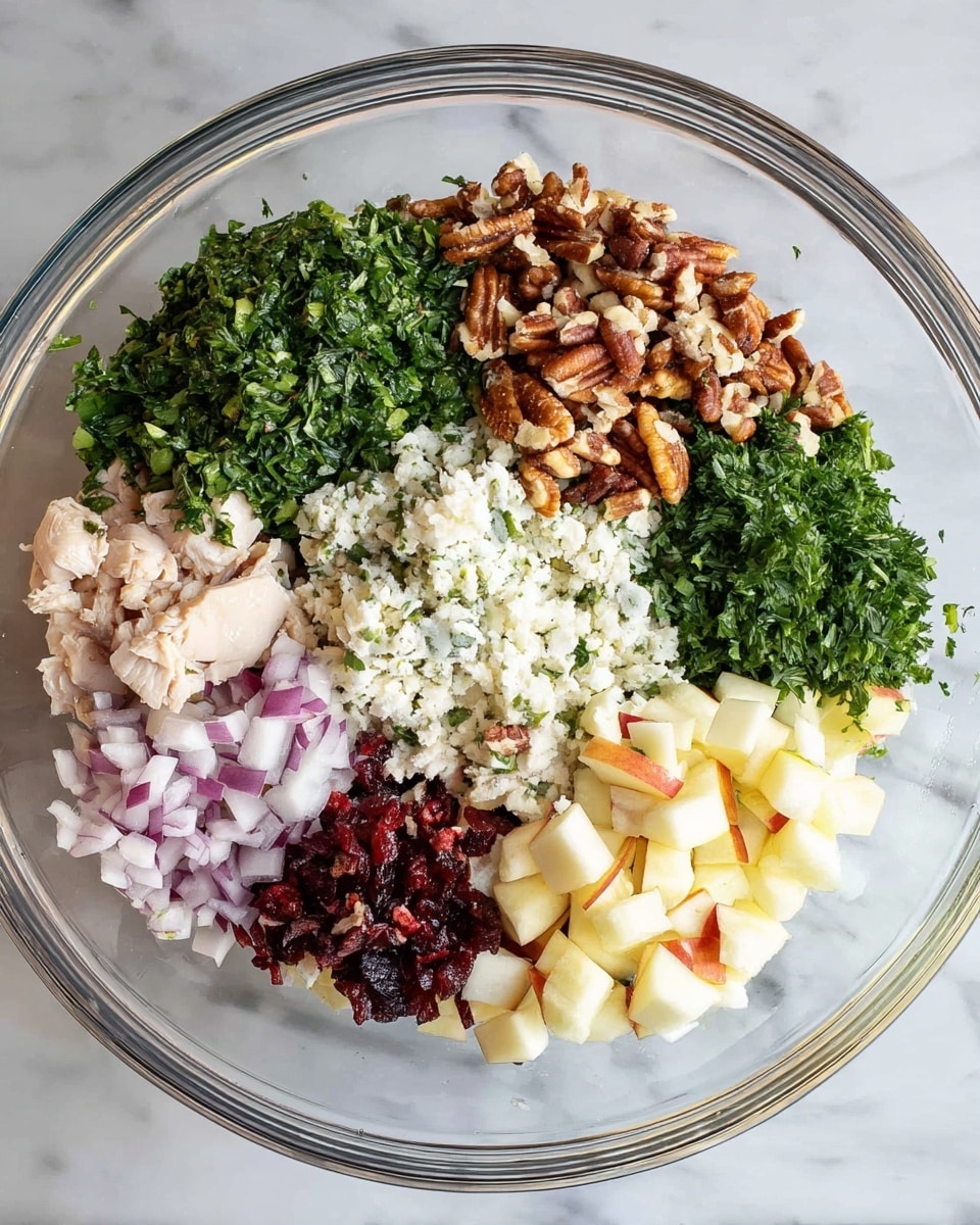 A clear glass bowl holds six distinct layers of ingredients arranged separately inside. Starting from the top left going clockwise, there is a large section of finely chopped green herbs with a leafy texture, next to that is a layer of chopped pecans showing brown and light tan colors. Moving down, there is a white, creamy mixture that looks soft and moist, and below it, fresh chopped red onions with a purplish hue and firm texture. Next to the onions, small dark red pieces that appear dried and slightly shiny sit beside a pile of small, diced apple cubes showing pale yellow flesh and red skin. In the center below the herbs, a layer of diced cooked chicken with an off-white color and a tender texture completes the mix. The bowl is on a white marbled surface, photo taken with an iphone --ar 4:5 --v 7