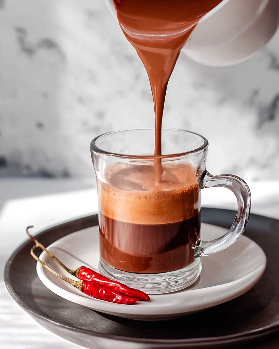 A clear glass cup filled with two layers of liquid sits on a white saucer placed on a dark round tray. The bottom layer is lighter brown, and the top layer is a darker, richer brown. A thick, smooth chocolate-colored liquid is being poured from a white container into the cup, creating a flowing stream that blends into the darker layer above. Beside the cup on the tray are two small red chili peppers, adding a pop of color. The background shows a white marbled texture with soft lighting. photo taken with an iphone --ar 4:5 --v 7