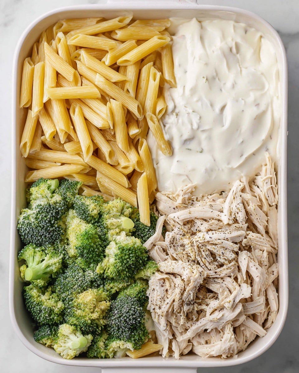 The image shows a white baking dish divided into four parts filled with different layers of ingredients. The top left section holds uncooked, yellow penne pasta arranged loosely together, showing hollow tubes. The top right section has a smooth, creamy white sauce spread partially over some pasta. The bottom left layer contains fresh, green broccoli florets with a textured surface. The bottom right section features shredded light beige chicken topped with a sprinkle of black pepper. The white baking dish sits on a white marbled surface. Photo taken with an iphone --ar 4:5 --v 7