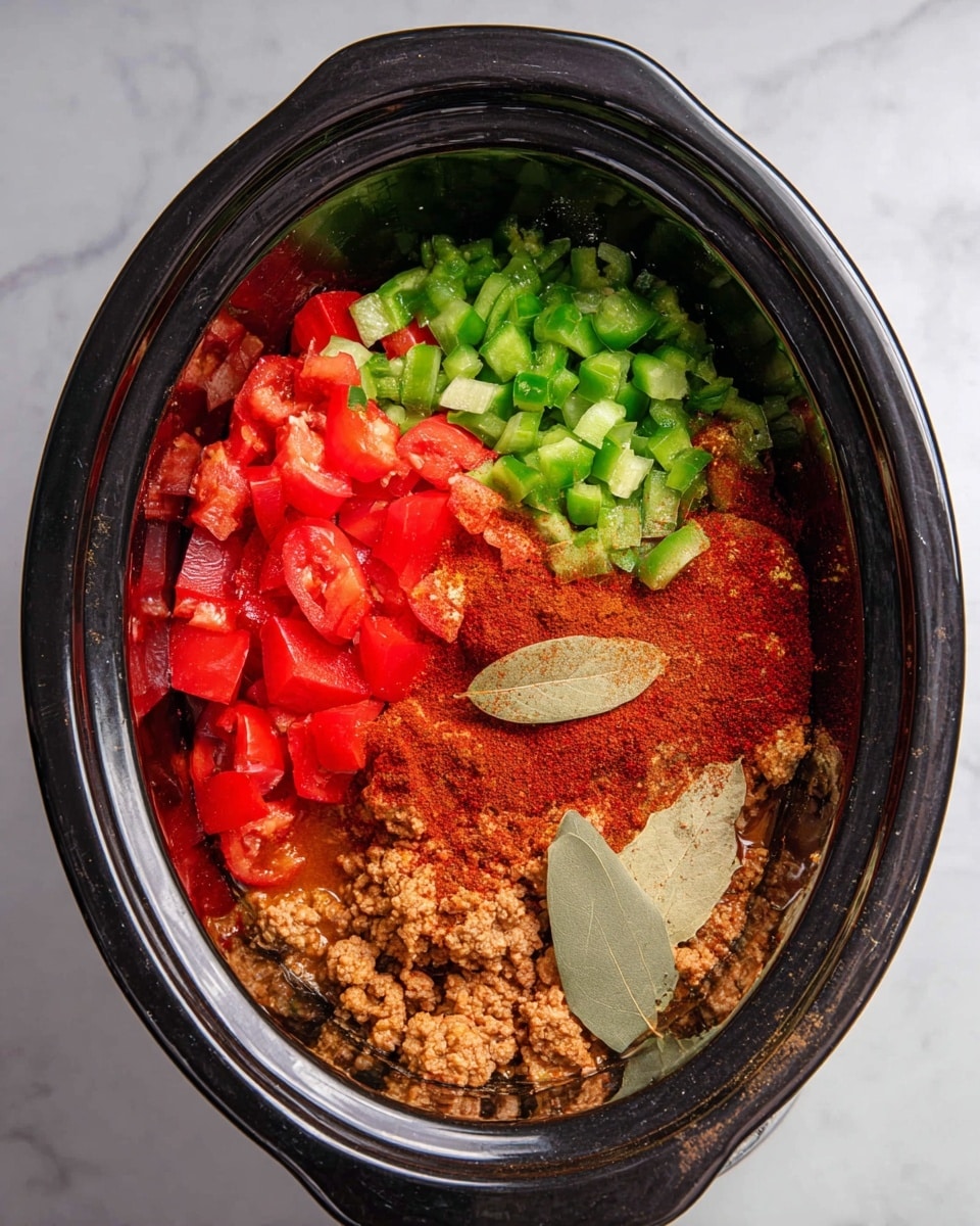 In a dark oval slow cooker, there are several ingredients layered separately but close together. At the bottom right, there is a light beige ground meat layer. On the bottom left, there are bright green chopped bell peppers, while above them on the left side, there are red chopped bell peppers. To the right of the red peppers, there are large chunks of red tomatoes. In the middle and right, there is a reddish-brown layer of powdered spices along with a whole bay leaf on top. The background under the slow cooker is a white marbled surface. Photo taken with an iphone --ar 4:5 --v 7