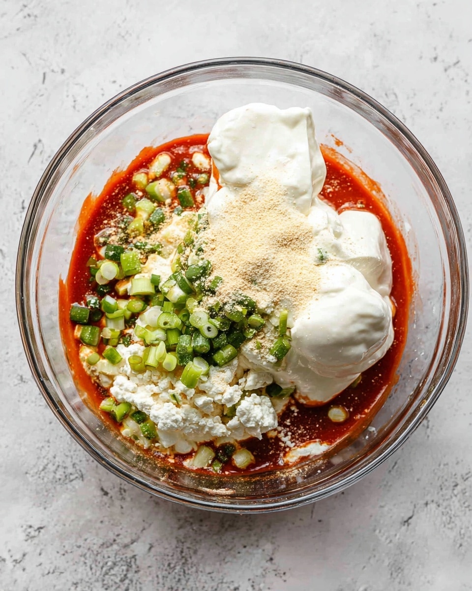 A clear glass bowl sits on a white marbled surface, filled with a colorful mix of ingredients. At the bottom is a layer of bright red sauce with a smooth texture. On top of this sauce, there are large dollops of thick white cream cheese and sour cream, creating two main white creamy layers. Scattered around are chopped green onions adding small green, round pieces with a fresh look. There are also light beige powdery spices sprinkled over the creamy layers, enhancing the texture contrast. The ingredients are not yet mixed, clearly showing each element's color and texture. photo taken with an iphone --ar 4:5 --v 7