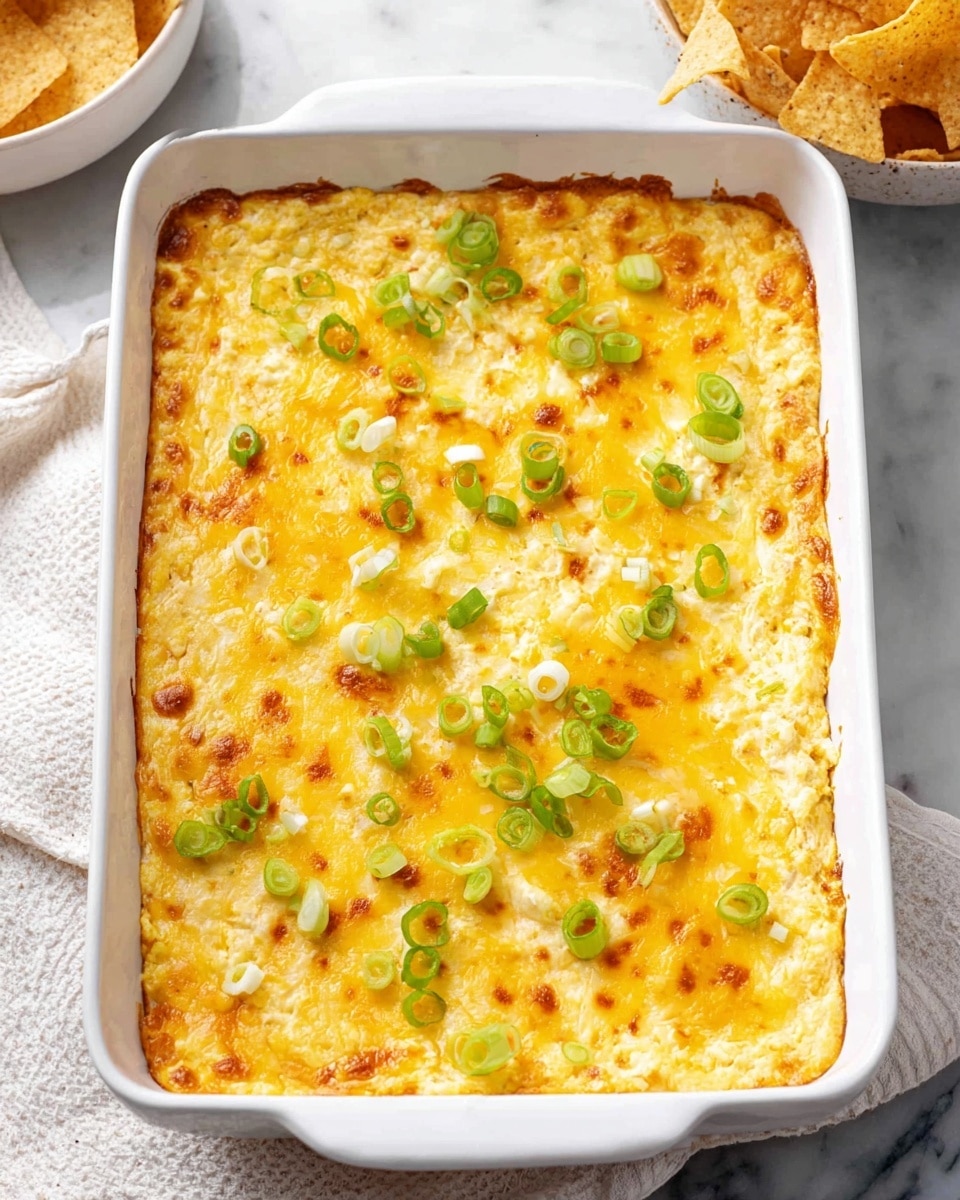 A white rectangular dish filled with a baked cheesy dip, showing a golden yellow and light brown melted cheese layer on top with small browned spots. The cheese layer is slightly textured with bubbly and uneven melted cheese. Scattered across the top are thin slices of light green and bright green chopped scallions. The dish is placed on a white marbled surface with a white cloth and a bowl of tortilla chips partially visible in the background. Photo taken with an iphone --ar 4:5 --v 7