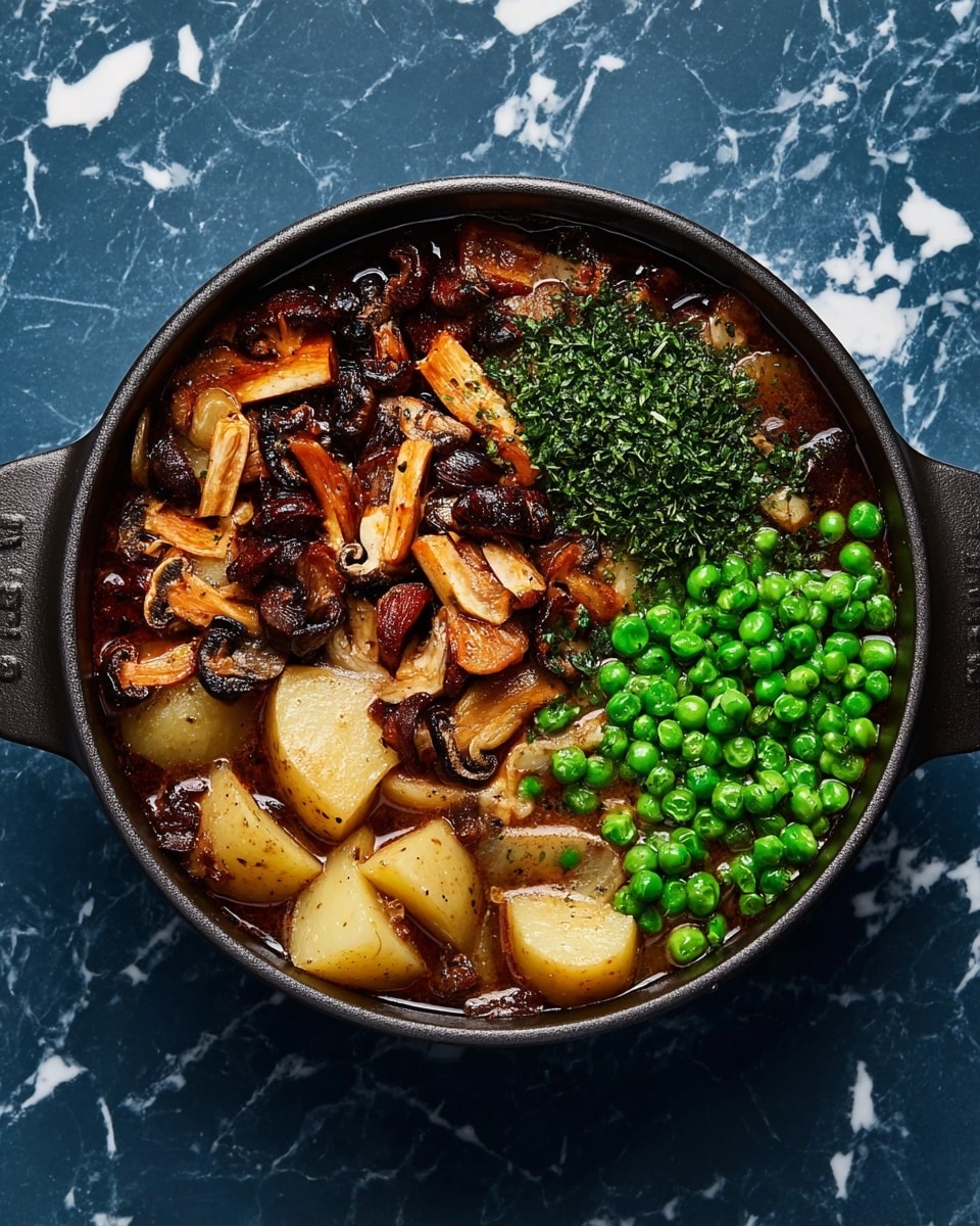 A round black pot filled with a stew-like dish is placed on a white marbled surface. Inside the pot, the bottom layer has large light brown potato chunks surrounded by a dark brown broth. Over the potatoes, there are grilled mushrooms with mixed shades of light beige, brown, and orange, showing a mix of wrinkled and smooth textures. On one side, there is a cluster of bright green peas, and next to them, a pile of finely chopped dark green herbs. Photo taken with an iphone --ar 4:5 --v 7