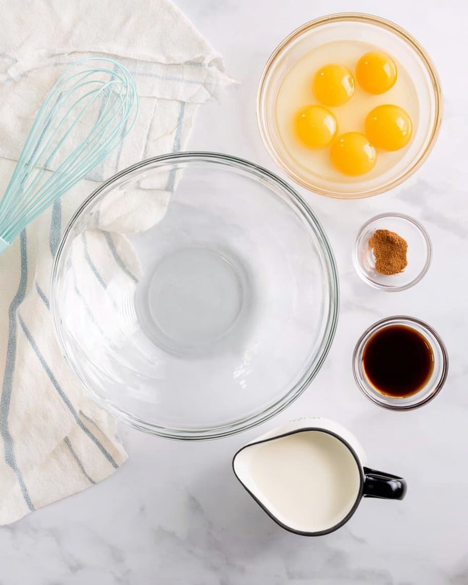 The image shows a clear empty glass mixing bowl in the center on a white marbled surface. Above the bowl, there is a clear glass bowl filled with six egg yolks and whites that are light yellow in color. To the right of the mixing bowl, there is a small clear glass bowl of dark brown vanilla extract and another very small clear glass bowl containing light brown cinnamon powder. Below the mixing bowl is a white measuring cup with a black handle, filled with white milk. On the left side of the image, a light blue whisk and a white napkin with soft blue stripes are placed casually on the white marbled surface. Photo taken with an iphone --ar 4:5 --v 7