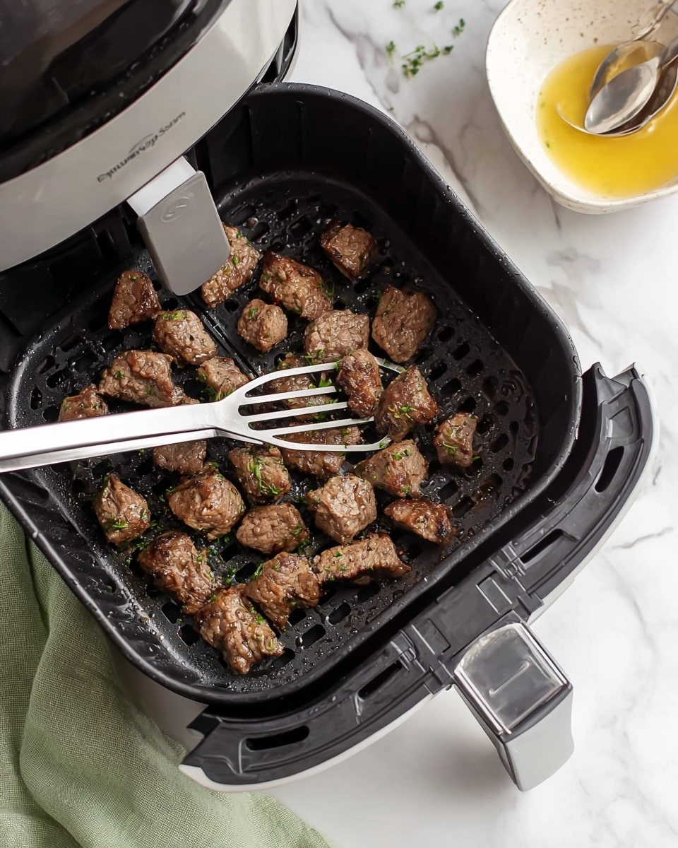 The image shows small pieces of cooked brown meat with a slight sheen, scattered inside a black air fryer basket with a grid-like texture. A metal spatula with a silver handle is lifting some pieces from the basket. There is a sprinkle of green herbs on the meat. The air fryer is placed on a white marbled surface with a pale green cloth nearby. A white bowl with a yellow sauce and a silver spoon are also visible in the background. Photo taken with an iphone --ar 4:5 --v 7