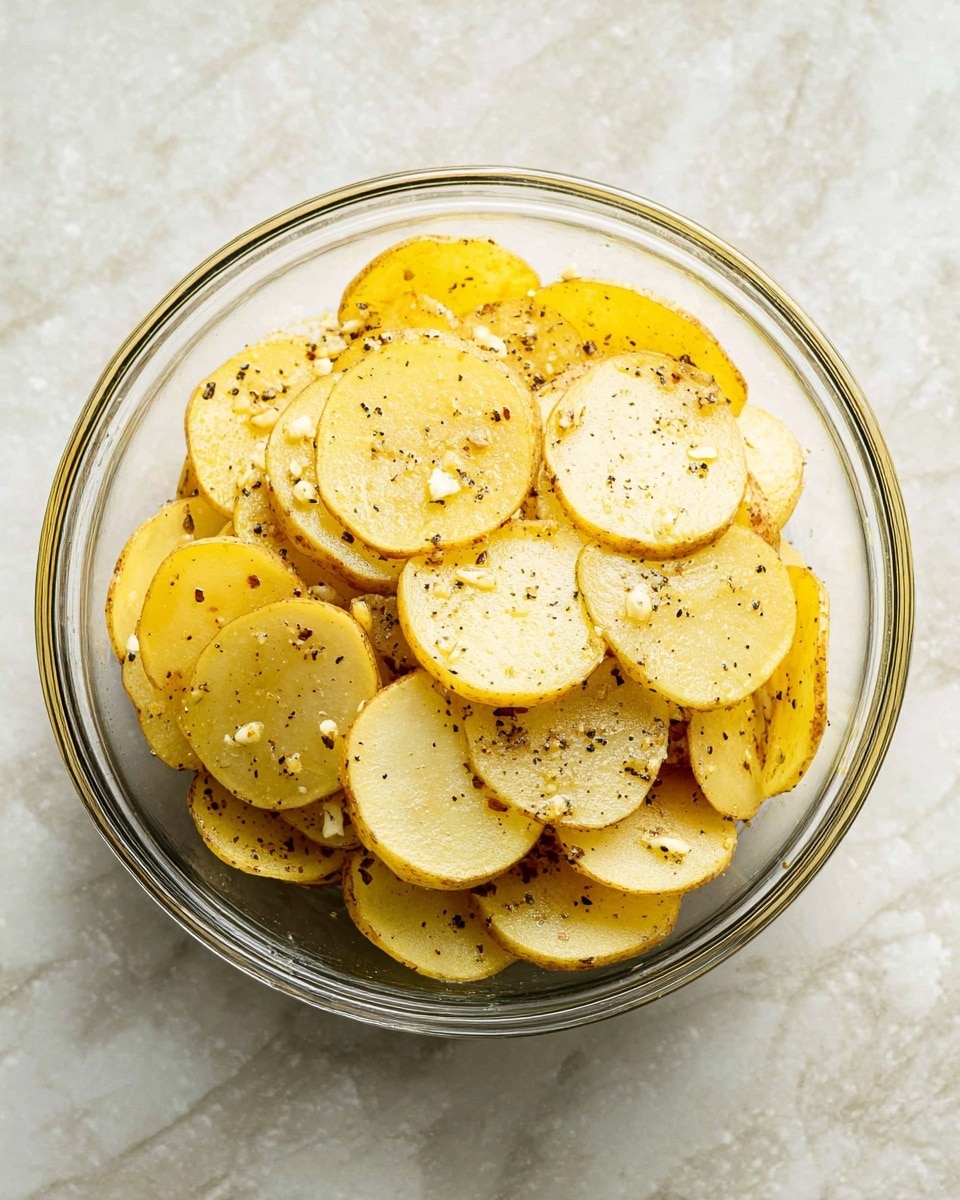 A clear glass bowl filled with thin, round slices of yellow potato, seasoned with small bits of minced garlic and black pepper evenly spread on each slice. The potatoes have a soft texture with some slices showing light brown edges from seasoning. The bowl is placed on a white marbled surface that adds a clean and bright background to the image. Photo taken with an iphone --ar 4:5 --v 7