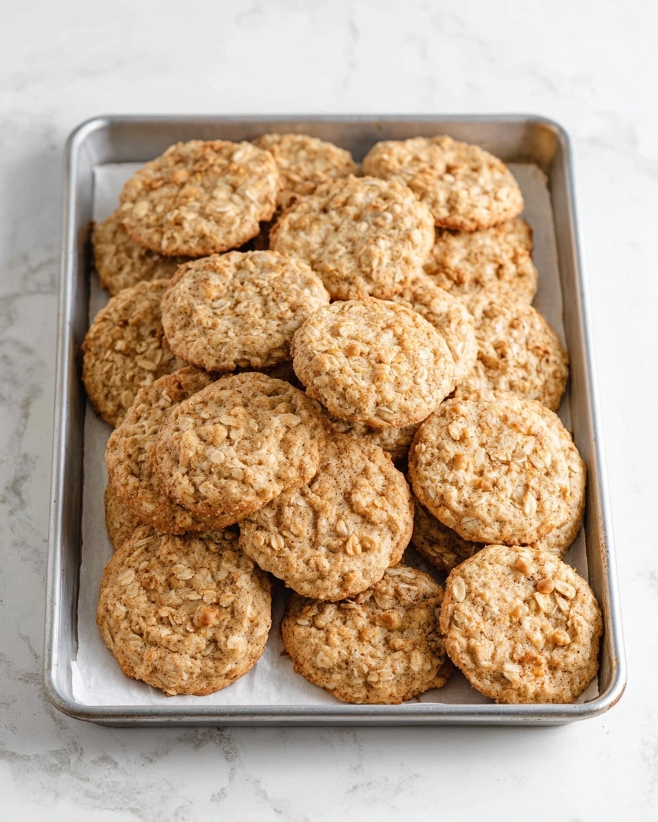 A metal baking tray holds about twenty oatmeal cookies stacked loosely on top of one another, with some resting sideways. The cookies are light brown with a rough texture showing bits of oats and small tan nut pieces throughout. The tray is lined with a piece of white parchment paper that peeks out beneath the cookies. The background is a white marbled surface. photo taken with an iphone --ar 4:5 --v 7