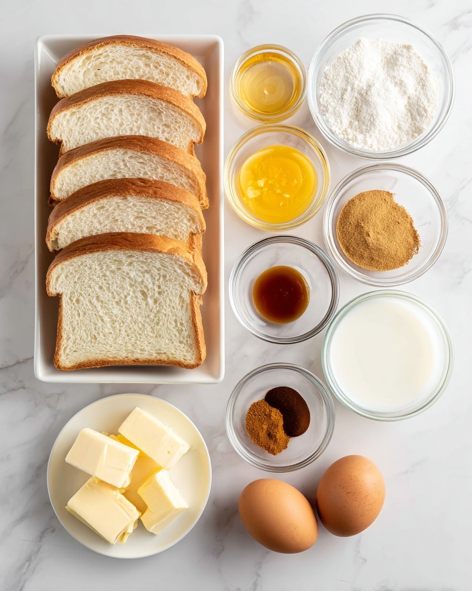 The image shows eight slices of white bread stacked neatly in a white rectangular dish on the left side of a white marbled surface. To the right, there are eight small clear glass bowls arranged in an organized manner, each containing different ingredients: bright yellow melted butter, light brown sugar, white granulated sugar, dark brown powder cinnamon, amber-colored vanilla extract, pale yellow solid butter pieces, two whole brown eggs sitting directly on the surface, and a small amount of white milk in a bowl. The colors range from creamy whites and off-whites to warm golden yellows and browns, all presented clearly and cleanly. Photo taken with an iphone --ar 4:5 --v 7