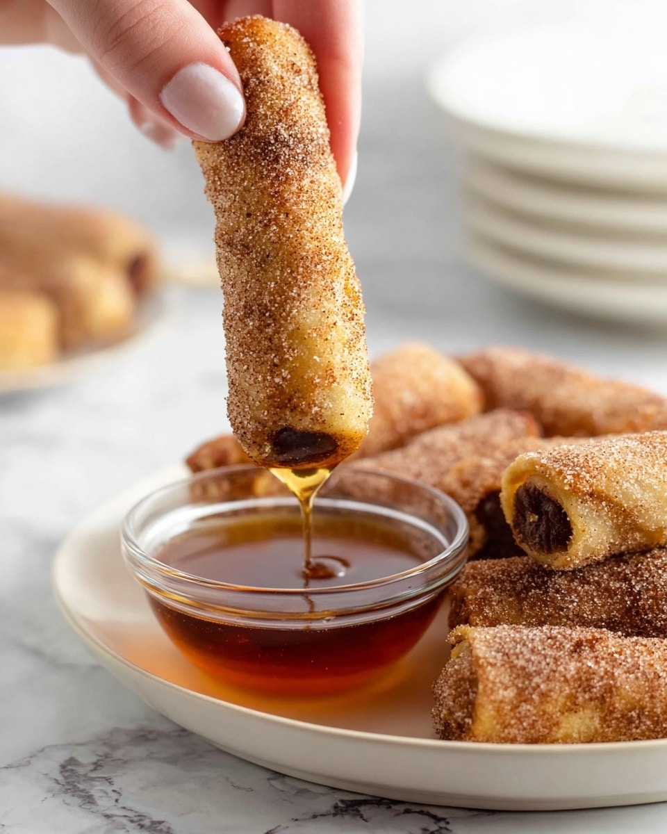 A close-up image shows a woman's hand holding a golden brown rolled treat coated with cinnamon sugar, dripping slightly with syrup. The treat is being dipped into a small round clear glass bowl filled with amber-colored syrup, which sits on a white plate. Around the bowl on the plate are more of the same rolled treats, all with a crispy outside and a sprinkle of cinnamon sugar. The background is a white marbled texture, and there are blurred stacked white plates visible. photo taken with an iphone --ar 4:5 --v 7