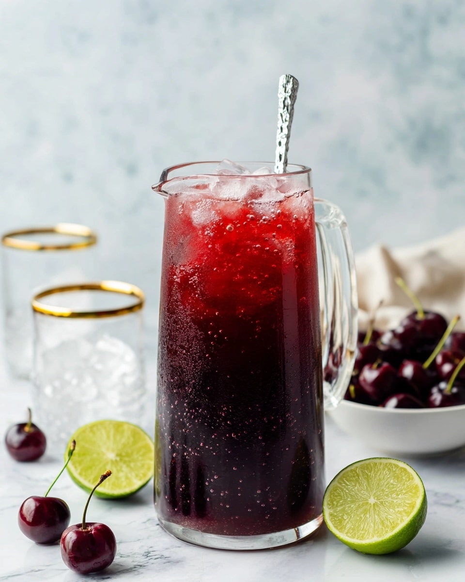 A tall, clear glass pitcher filled with dark red cherry drink with small bubbles and crushed ice on top, a silver stirring spoon standing inside; the pitcher sits on a white marbled surface. In the foreground, two lime halves show bright green skin and pale green inside with a few dark red cherries around them. In the background, a white bowl is filled with shiny dark red cherries, and two clear glasses with ice and golden rims stand nearby. The scene is bright and fresh with soft natural light, photo taken with an iphone --ar 4:5 --v 7