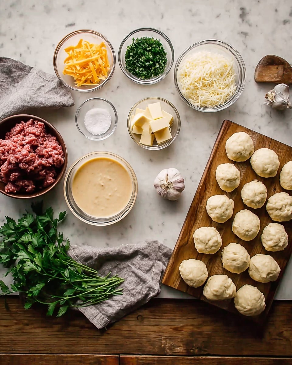 The image shows a wooden table with various cooking ingredients laid out neatly. On the right side, there is a wooden board holding 15 small round balls of dough arranged in rows. To the left of this board, there are several small glass bowls including a bowl with a smooth, light beige sauce, another with orange-yellow blocks of cheese next to a bowl of chopped green herbs, a bowl with grated white cheese above a gray cloth, and a bowl with raw ground meat in the top center. Fresh green parsley lies just to the right of the meat bowl. There is also a whole garlic bulb and a small glass container of salt near the top center. The background is changed to a white marbled texture. Photo taken with an iphone --ar 4:5 --v 7