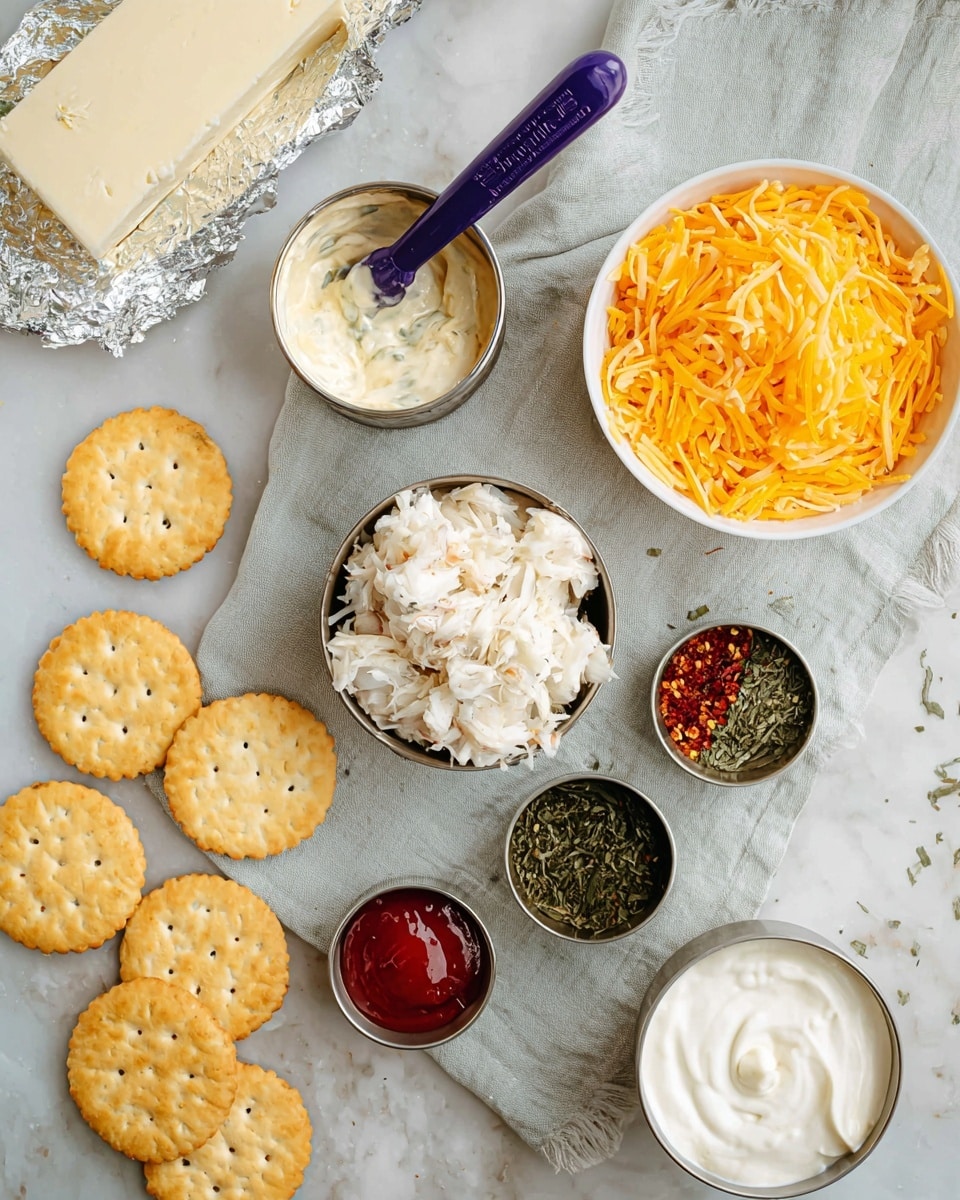 The image shows a top view of ingredients arranged on a light grey cloth on a white marbled surface. At the center is a small round metal bowl filled with white crab meat. Surrounding it, there are several round golden-brown crackers placed in groups on the cloth. To the right of the crab, there is a white cup filled with shredded bright orange cheddar cheese. Above the crab is a metal cup with creamy off-white mayonnaise, and a purple measuring spoon with bright red hot sauce. Below the crab, a small metal cup contains dried red pepper flakes, and another metal cup holds green dried parsley. At the bottom right, a metal cup with thick white liquid, likely sour cream or cream cheese, is visible. On the left side, a block of foil-wrapped cream cheese is partially visible. The scene has a neat and organized layout with soft natural light, photo taken with an iphone --ar 4:5 --v 7