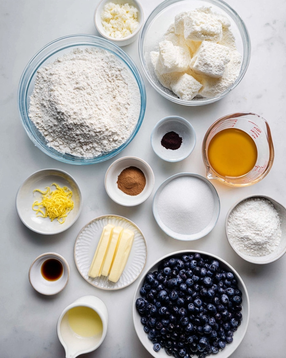 The image shows many small bowls and two larger glass bowls, all on a white marbled surface. In the big bowl at the bottom right, there are fresh dark blue blueberries filling it close to the top. Next to it is another big bowl filled with white flour with a soft texture. Above the flour bowl is a clear glass bowl with white flour and three big white chunks on top, cracked and rough. To the right of that is a clear glass measuring cup with melted golden yellow butter. Around these larger bowls, small white dishes contain various ingredients: a small plate with bright yellow lemon zest, another with white powder, one with dark brown powder, and a tiny bowl with light brown powder. There's a white bowl full of fine white sugar near the top right and another white bowl filled with fine white granulated sugar near the top left. A small white cup contains a small amount of pale yellow liquid, and near the bottom left, three silver sticks of butter rest close to the edge of a bowl. Two very small plates contain white and light brown powders, and a white scalloped dish holds dark amber liquid. The cups and bowls are neatly arranged with clear space between them. The photo taken with an iphone --ar 4:5 --v 7