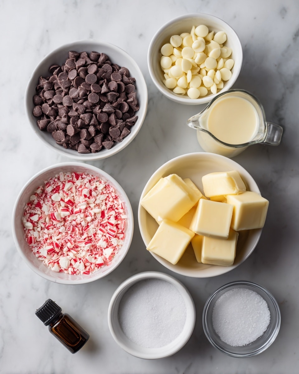 A top-down view of seven containers on a white marbled surface showing ingredients for a recipe. There are three white bowls at the top: one on the left filled with dark brown chocolate chips, one on the right filled with cream-colored white chocolate chips, and another below filled with crushed red and white peppermint candies. Near the center, a white bowl holds three light yellow cubes of butter. To the top right of the butter bowl, there is a small glass pitcher filled with a pale creamy liquid. Two small bowls below the butter contain white coarse salt and fine white sugar, respectively. A small dark amber dropper bottle is placed to the left of the butter bowl, adding a contrasting color to the arrangement. photo taken with an iphone --ar 4:5 --v 7
