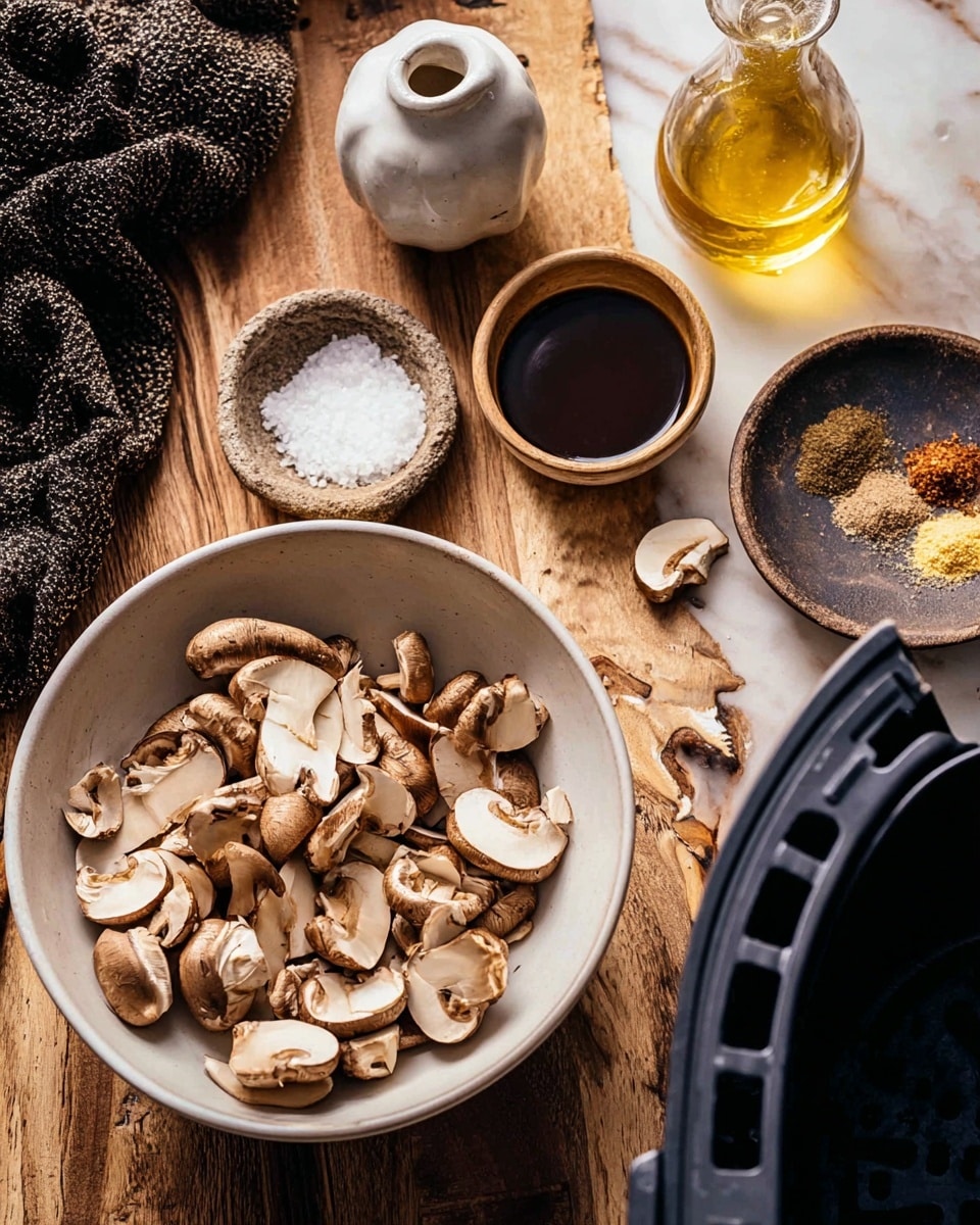 The image shows a white bowl full of sliced brown mushrooms placed on a wooden surface. Around the bowl, there is a small white ceramic pot with coarse salt, a small bowl with dark brown sauce, and a rustic black dish holding various dry spices. Next to these items, there is a clear glass container with golden oil. Some sliced mushrooms are scattered on the wooden surface, and part of a black air fryer basket is visible on the right side. A dark textured cloth is seen in the top left corner, all set on a white marbled background. Photo taken with an iphone --ar 4:5 --v 7