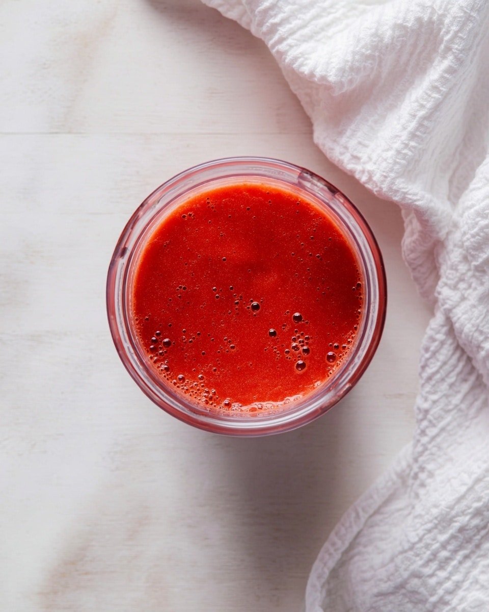 A clear blender jar filled with a smooth, bright red liquid, slightly thick and with small bubbles scattered on its surface, placed on a white marbled wooden surface. In the top right corner, a white textured cloth is softly folded and partly visible. photo taken with an iphone --ar 4:5 --v 7