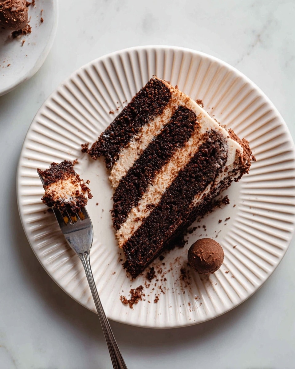 A slice of chocolate cake with three dark brown, moist layers alternated with two lighter brown creamy frosting layers sits on a white plate with ridged edges. A small round chocolate truffle is placed near the cake slice on the plate. There is a fork on the left side with some cake on its tines, resting on the plate that has some smudged frosting and cake crumbs. The scene is set on a white marbled surface. photo taken with an iphone --ar 4:5 --v 7