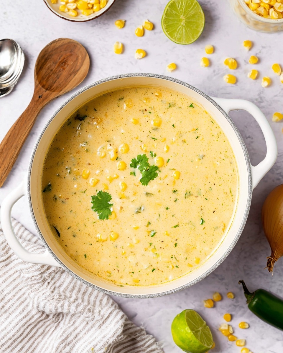 A white round pot filled with creamy yellow corn soup with small pieces of corn and herbs mixed inside. On the soup's surface, a few green cilantro leaves float softly. The pot sits on a white marbled surface surrounded by a wooden spoon, scattered corn kernels, a striped cloth, half a lime, a whole onion, and green chili peppers. A silver spoon and a white bowl with more soup are seen partially at the top left. The scene is bright and clean, with soft natural light. photo taken with an iphone --ar 4:5 --v 7