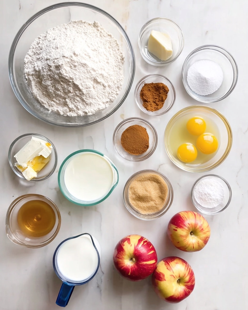 The image shows several clear glass bowls and a measuring cup arranged neatly on a white marbled surface. There is a large bowl filled with white flour at the top left. Nearby, smaller bowls hold white sugar, a tiny amount of salt, brownish cinnamon, and white powder. A medium bowl with two yellow egg yolks sits near the center. To the left, a bowl contains clear egg whites, and to the right, a small bowl has melted yellow butter. Measuring cups hold a white creamy substance and white milk with a blue handle. There are also small clear bowls with brown sugar, a pale yellow solid, amber vanilla liquid, and light brown spice powders. Two bright red apples with yellow streaks sit at the bottom right corner of the arrangement. Everything is lit softly and the scene looks clean and bright. Photo taken with an iphone --ar 4:5 --v 7