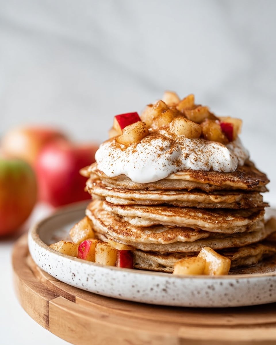 A stack of six golden brown pancakes sits on a white speckled plate placed on a wooden board, with the top pancake topped with a dollop of white cream sprinkled with light brown cinnamon powder. On top of the cream, there are small chunks of cooked apples in red and yellow tones, some of which have a caramelized texture. The background features blurred whole apples and a white marbled surface below. photo taken with an iphone --ar 4:5 --v 7