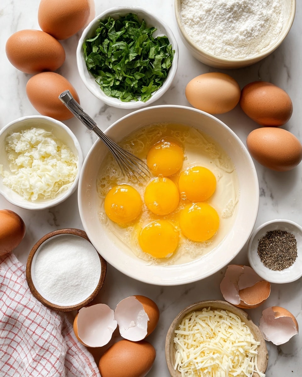 A top-down view shows a white bowl in the center filled with eight bright yellow egg yolks and clear egg whites, with a small metal whisk resting inside. Surrounding the bowl are smaller white bowls holding chopped green herbs, white chopped onions, and shredded light yellow cheese. There is also a white bowl with a lumpy white substance, and small dishes containing ground black pepper, coarse salt, and a beige powder. Brown eggshells lie scattered around the bowls on a white marbled surface, with a white and red checkered cloth partially visible at the bottom left. The light is soft and natural, emphasizing the fresh ingredients photo taken with an iphone --ar 4:5 --v 7
