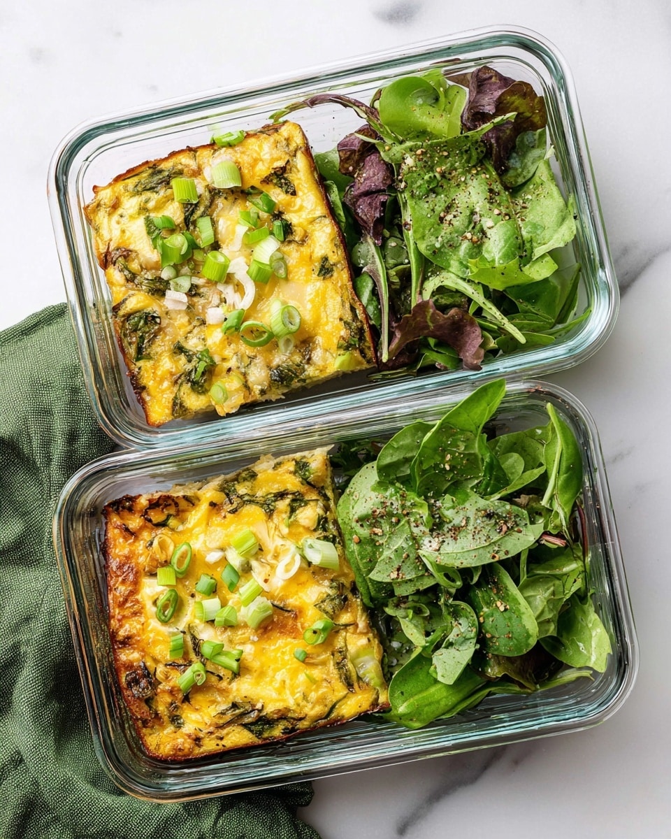 Two rectangular clear glass containers each hold a meal with two parts. On the left side of each container is a thick, square piece of baked dish with a golden cheese top mixed with green herbs and sprinkled with sliced green onions. On the right side is a fresh green salad made of various leafy greens and herbs, lightly sprinkled with black pepper. The containers rest on a white marbled surface with a green cloth partially visible on the side. photo taken with an iphone --ar 4:5 --v 7