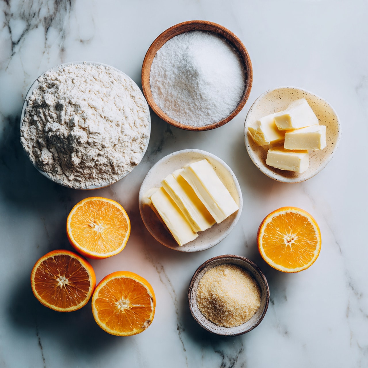The image shows a flat lay of baking ingredients arranged neatly on a white marbled surface. There are three clear glass bowls filled with white flour, cornmeal, and powdered sugar. In the center is a glass bowl holding four square pieces of pale yellow butter. Nearby, smaller white ceramic bowls hold dark vanilla extract, light yellow melted butter, and lemon juice. There is a small metal cup with granulated white sugar and another with salt. To the right, a whole orange and two halves of a blood orange show deep red and orange flesh. The ingredients are placed in a balanced, organized way with natural lighting. Photo taken with an iphone --ar 4:5 --v 7