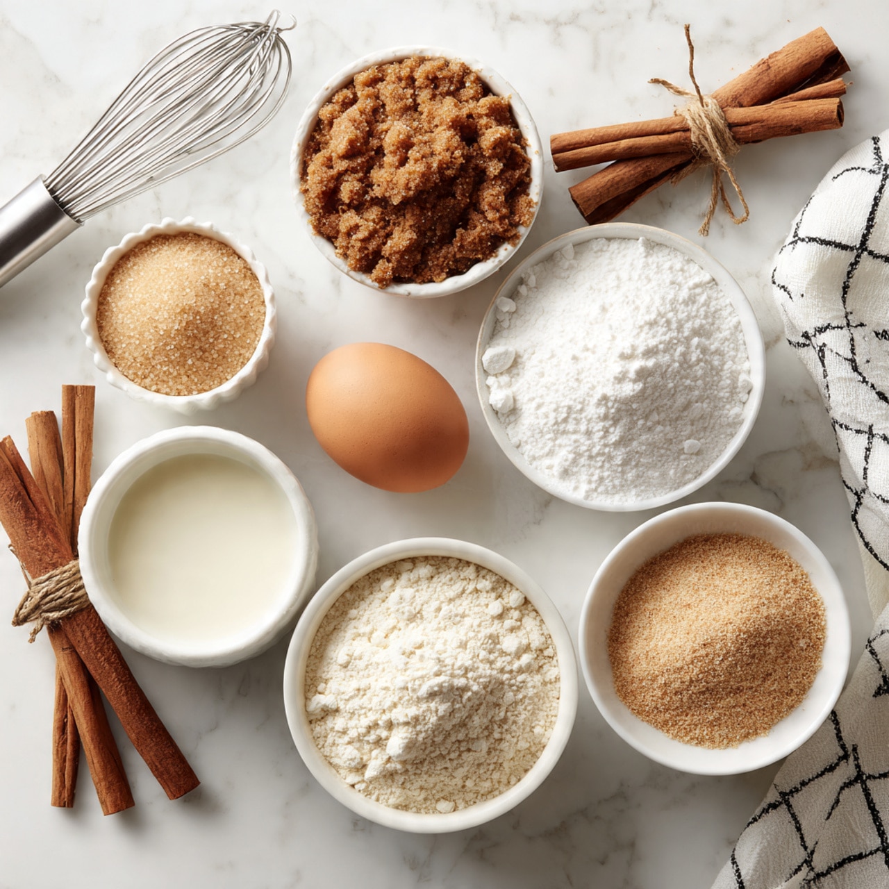 The image shows a flat lay of baking ingredients on a white marbled surface. There are seven small white bowls or containers spread out: one holds brown sugar with a rough texture, another has a white powdery flour, a third bowl contains a smooth white liquid, a fourth bowl is filled with a light brown powdered spice, and a fifth bowl shows white granulated sugar. A single brown egg sits in the center. To the left, a metal whisk lies flat next to two cinnamon sticks tied with a piece of twine. A white and black checkered cloth is partially visible on the right side of the image. photo taken with an iphone --ar 4:5 --v 7