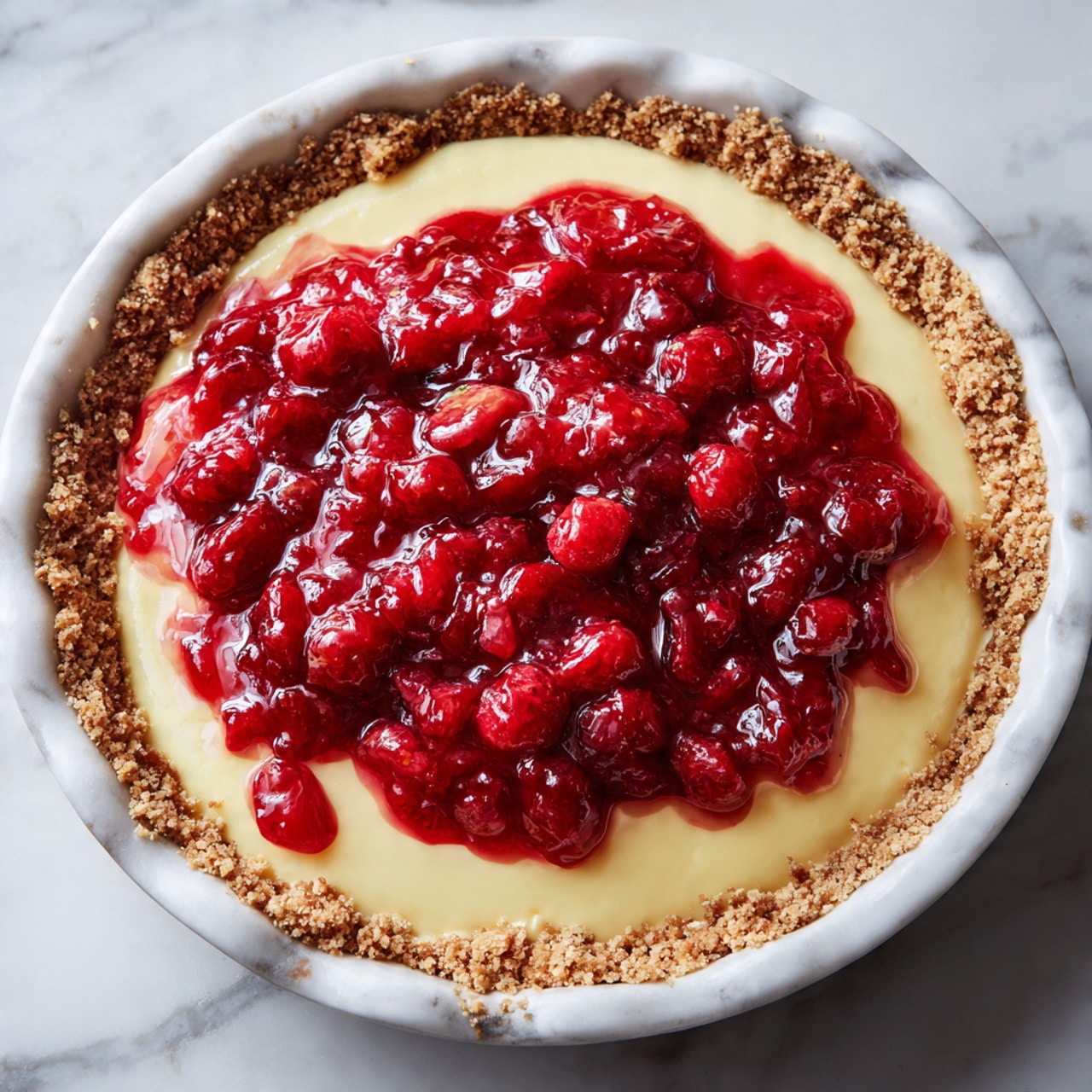 A pie with three visible layers in a white marbled round pan: the bottom layer is a crumbly light brown crust that lines the edge and base, the middle layer is smooth, creamy pale yellow filling spread evenly inside the crust, and the top layer is a thick, shiny, deep red fruit topping made of whole and crushed berries, slightly spilling over the filling on one side, all placed on a white marbled surface. photo taken with an iphone --ar 4:5 --v 7