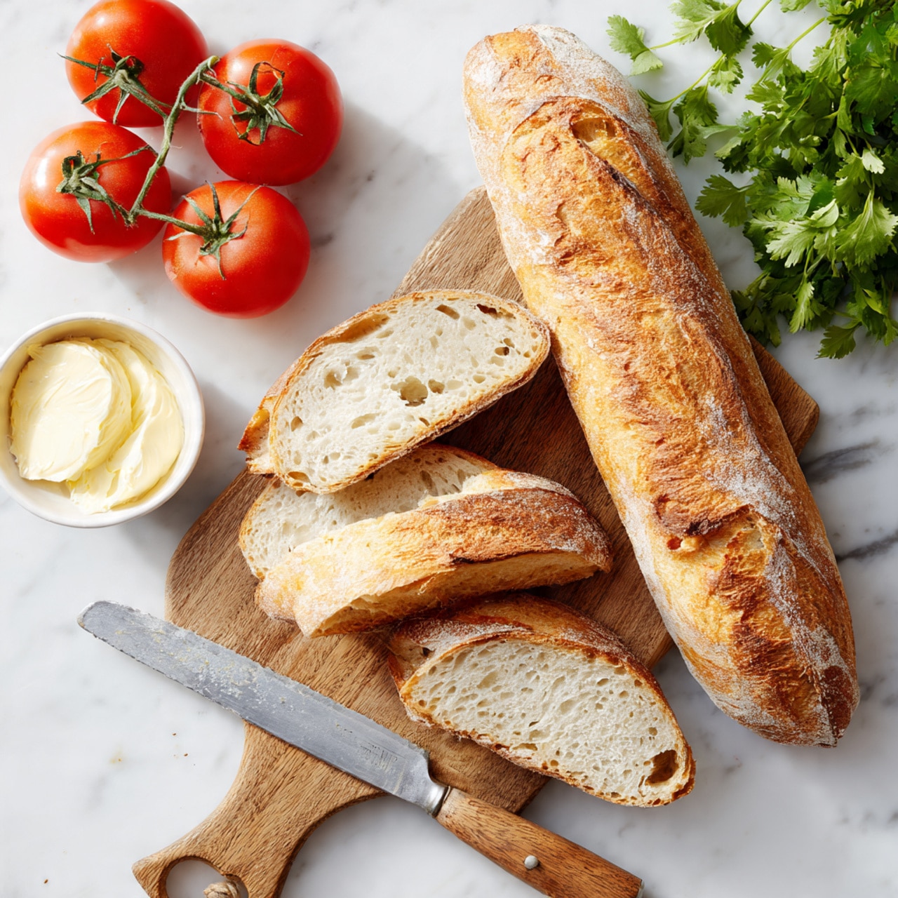 The image shows four slices of white bread stacked loosely on a wooden cutting board. The bread has a soft, porous texture with a golden brown crust around the edges. There is a small white bowl with creamy butter at the top left of the board, and a stainless steel butter knife rests diagonally on the lower left corner. A larger piece of the same bread is placed on the right side of the board, showing the inside crumb clearly. The background is a white marbled texture photo taken with an iphone --ar 4:5 --v 7