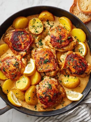 Crispy Lemon-Garlic Chicken Vesuvio with Potatoes and White Wine Pan Sauce Recipe
