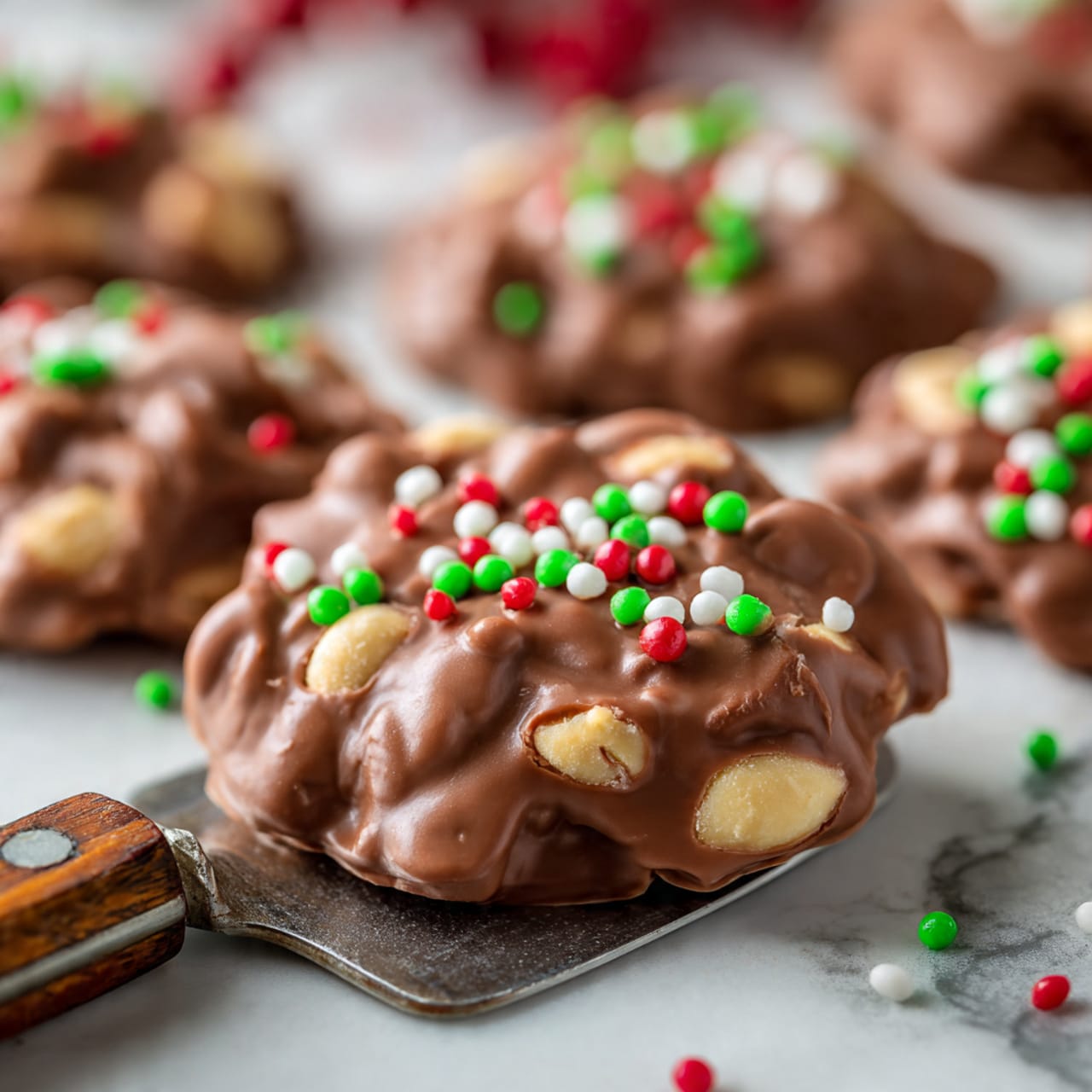 A close-up of several round clusters of milk chocolate mixed with whole peanuts, forming a chunky texture in uneven shapes. Each cluster is covered with small, round sprinkles in red, green, and white colors scattered on top. One cluster is centered on a metal spatula with a wooden handle lying on a white marbled surface, surrounded by more clusters of the same chocolate and peanut mix off to the sides. The chocolate has a smooth, glossy finish with visible nut bumps beneath it photo taken with an iphone --ar 4:5 --v 7