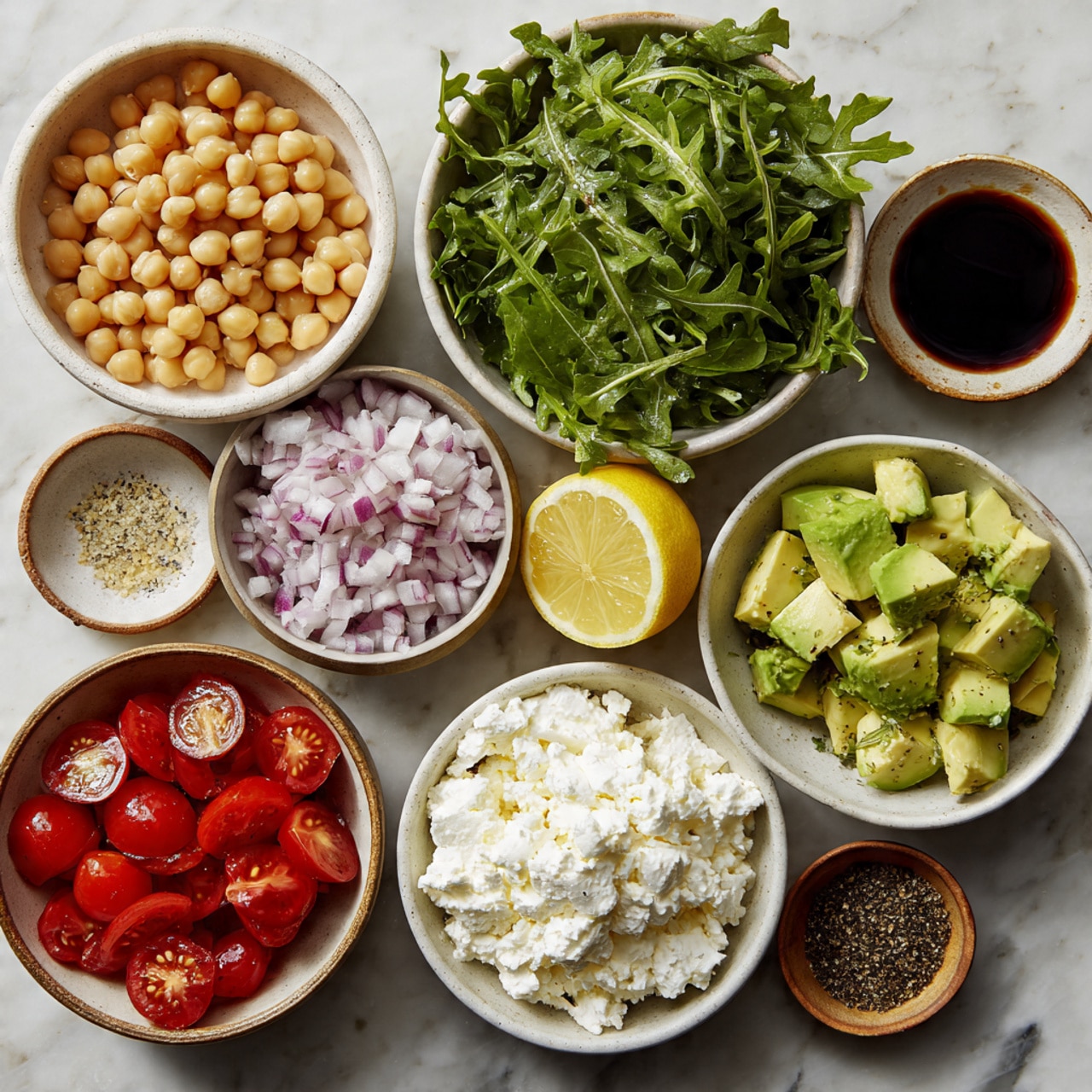 The image shows seven white bowls arranged on a white marbled surface, each containing different fresh ingredients. Starting from the top left, there is a bowl full of round, light beige chickpeas, next to it on the right is a bowl filled with green leafy arugula. Below the chickpeas is a bowl with finely chopped red onion pieces showing white and purple colors. In the middle is a halved lemon with pale yellow flesh. To the right of the lemon, there is a bowl of cubed avocado with varying shades of green. Below the avocado is a bowl of white, crumbly cottage cheese. Below the lemon and onion is a bowl of halved red cherry tomatoes showing their juicy, seed-filled interiors. Between the tomatoes and cottage cheese is a small bowl containing dark brown balsamic vinegar, and to its bottom right is a small bowl filled with crushed black pepper. photo taken with an iphone --ar 4:5 --v 7