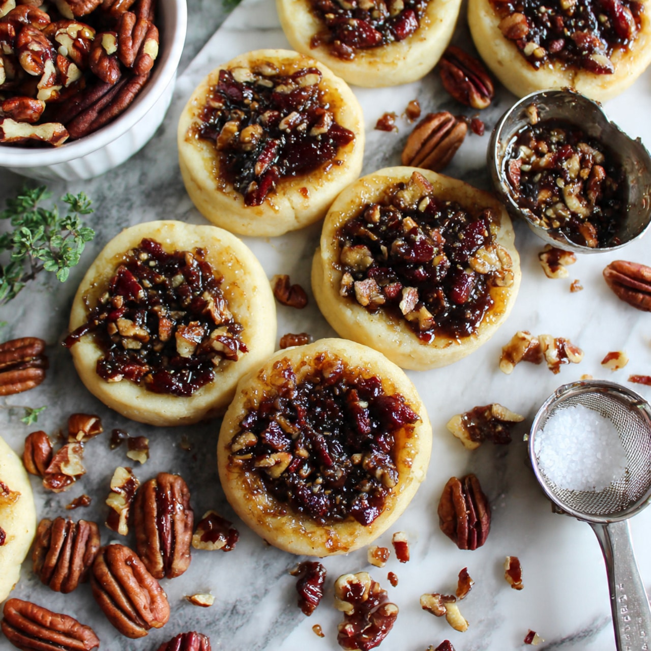 The image shows several round, light brown cookies arranged on a white marbled surface. Each cookie has one layer, featuring a shiny, sticky topping of dark caramel sauce mixed with chopped pecans in the center. Scattered around the cookies are whole pecans and small pieces of nuts. On the left side, there is a white bowl filled with whole pecans. On the right side, a silver measuring cup contains coarse salt. The overall colors are warm light browns and glossy dark caramel with natural nut textures. photo taken with an iphone --ar 4:5 --v 7
