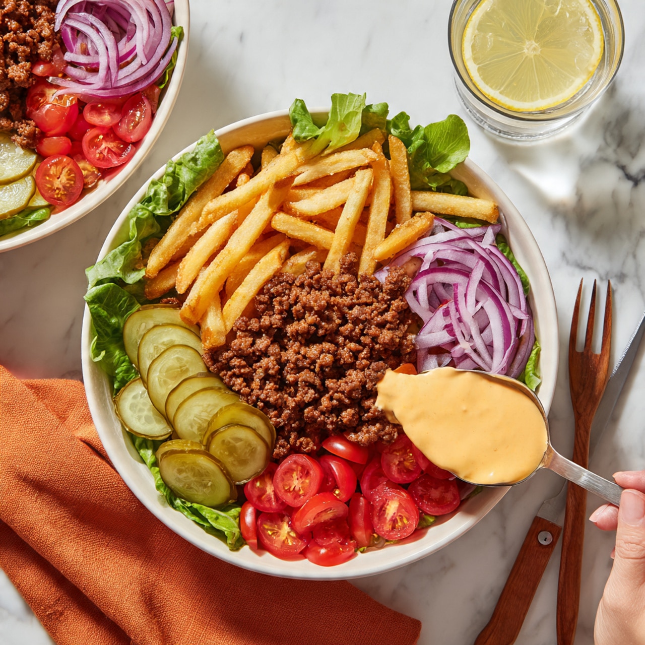 A white bowl sits on a white marbled surface filled with layers of fresh ingredients arranged in sections. At the base, there is a bed of green lettuce. On top of the lettuce, there is a layer of cooked ground meat in the center, which is topped with a spoon of creamy, light orange sauce being poured from a spoon held by a woman's hand. Surrounding the meat, there are thick, golden French fries placed on one side, sliced pickles with a green color on another side, thin slices of purple onion next to the fries, and bright red cherry tomato halves filling the remaining section. A second similar bowl and a glass of water with a lemon slice are seen in the background, along with a folded orange cloth and a wooden-handled fork nearby photo taken with an iphone --ar 4:5 --v 7