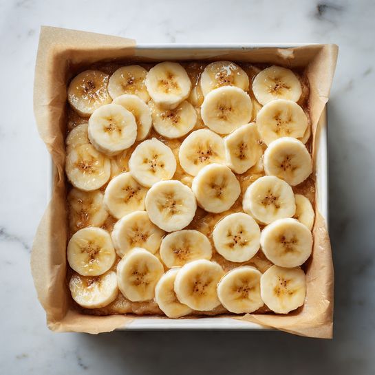 A square baking pan lined with parchment paper holds a single layer of thin, round banana slices spread evenly to cover the surface. Each banana slice is pale yellow with a soft texture, showing small brown specks and slight gloss from moisture or syrup, creating a fresh and appetizing look. The pan is placed on a white marbled surface. photo taken with an iphone --ar 4:5 --v 7