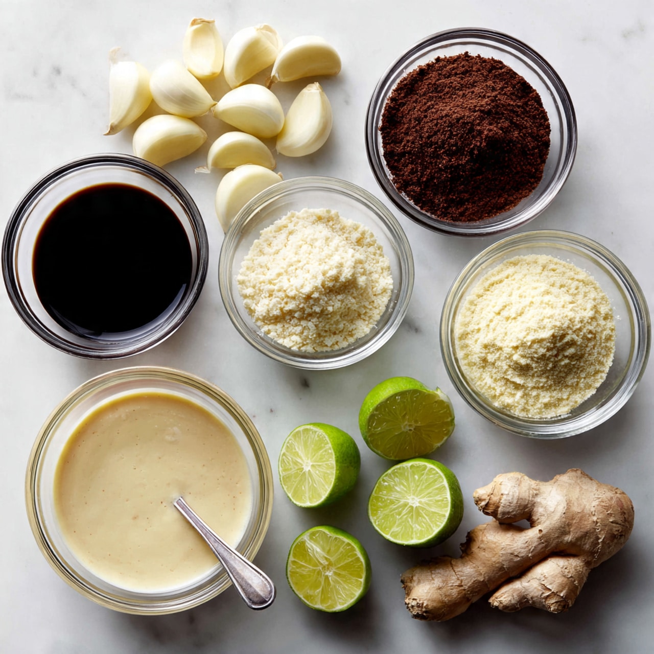 The image shows an arrangement of cooking ingredients on a white marbled surface. At the top left, there are peeled garlic cloves and garlic skins next to a whole head of garlic. To the right of these, there are two small clear glass bowls; the top bowl holds a brown spice powder, and the middle bowl contains a pale yellow powder. Below them, two lime halves sit next to the bowls. Further down on the left, a small clear bowl is filled with dark liquid, and to its right, another bowl holds a golden oil. At the bottom left, a small glass bowl filled with creamy beige sauce has a spoon resting inside. Finally, at the bottom right, two pieces of fresh ginger root lie on the surface. Photo taken with an iphone --ar 4:5 --v 7